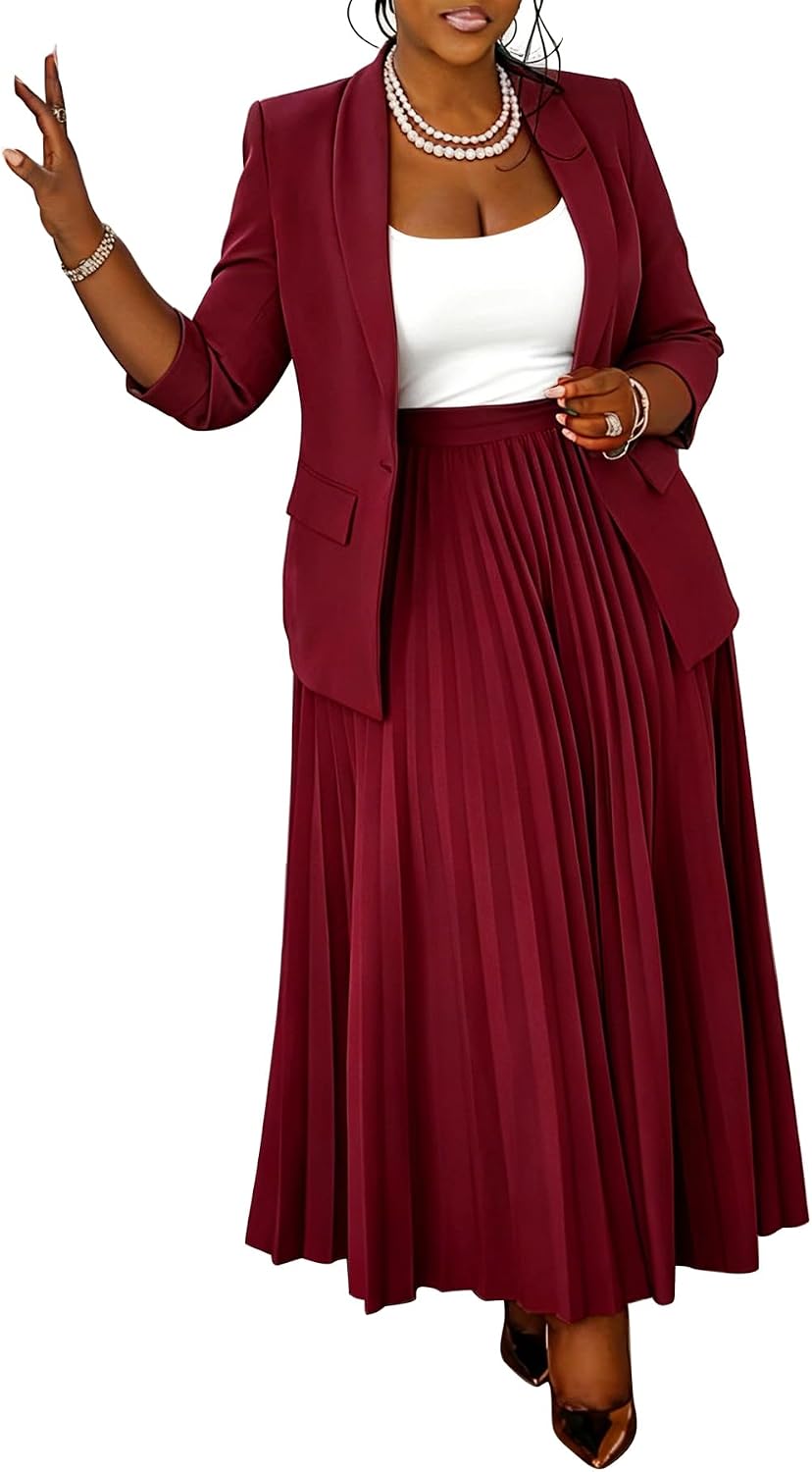 Women's Plus Size 2 Piece Outfits Casual Open Front Blazer and High Waist Pleated Maxi Skirt Sets Business Suits