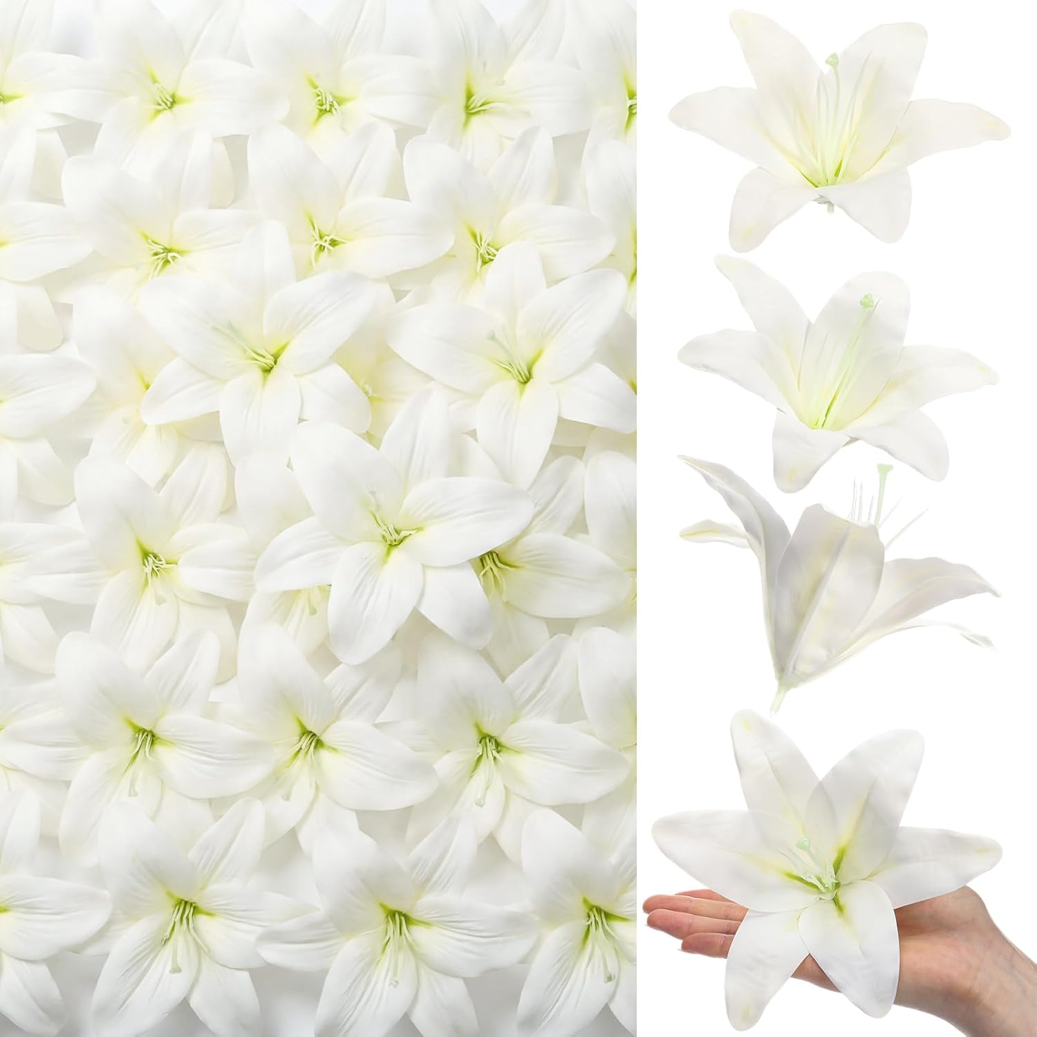 Suncalla 30 Pack Large Artificial Lilies Flower Heads with Realistic Stamens 5.9" Faux Fake Lily Flower Heads Bulk for DIY Crafts Cake Wedding Bridal Wreaths Table Home Party Decor (White)