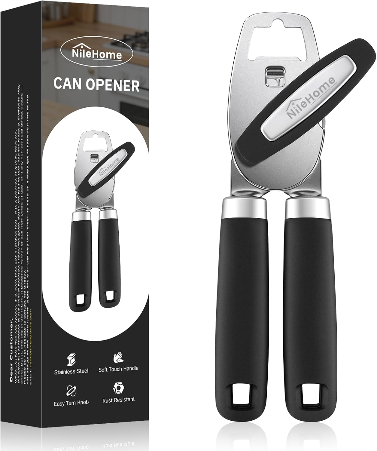 NileHome Smooth Edge Manual Can Opener, Stainless Steel Sharp Wheel Easy Turn Soft Grip Senior-Friendly Heavy Duty Commercial Kitchen Tool, Black