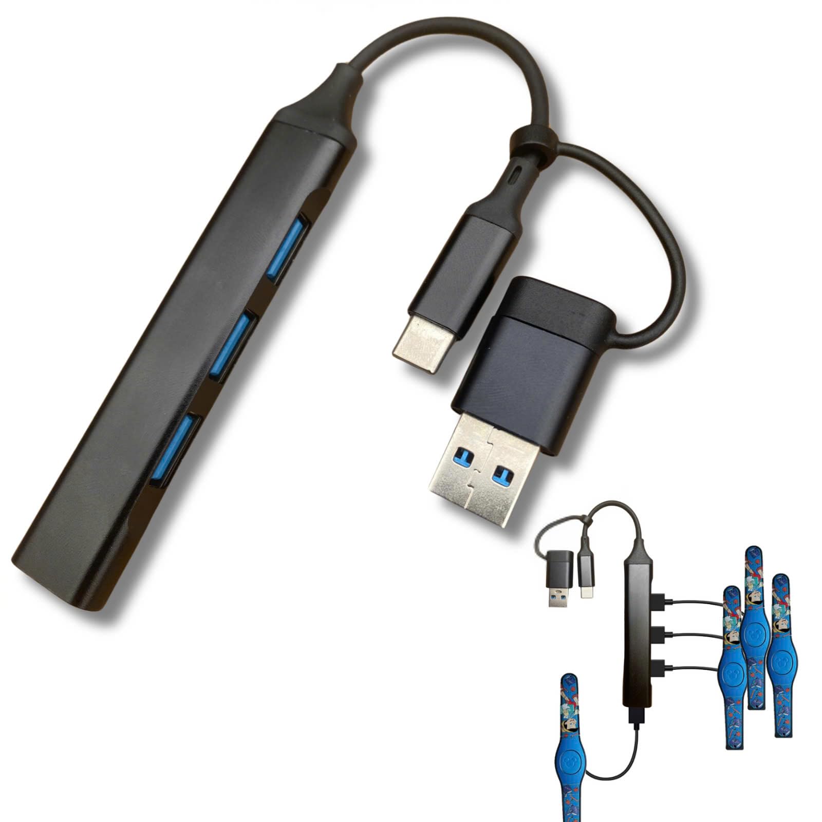 MagicBand+ USB Charging Hub - 4-Device Charger, USB-C & USB-A Input, Requires External Power, Compact Disney Parks and Cruise Travel Essential, Black