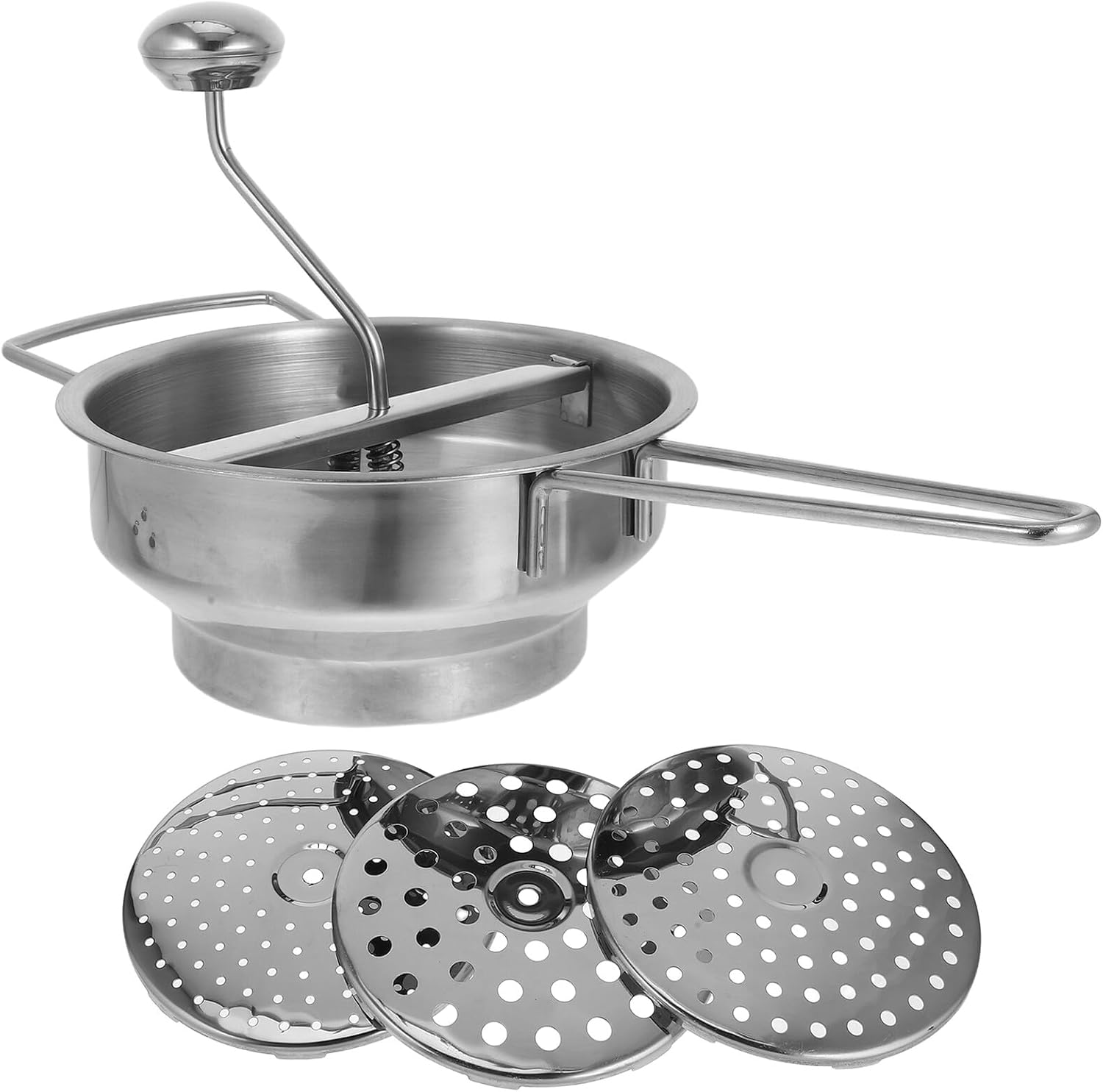 Rotary Potato Masher with Handle Stainless Steel Manual Food Press 3 Interchangeable Discs 2/3/7mm for Mashed Potatoes and Vegetable Puree Home Kitchen Tool