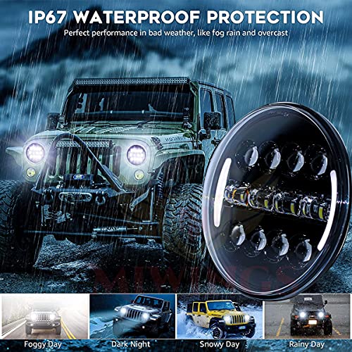 Image of Miwings 7 inch Round LED Stylish HC8CB4HID Hi /Low Beam Headlight 75W H4 Compatible with Royal Enfield, Jeep, Thar, motorcycle, Cars, Harley Davidson (Color Amber & White) (Pack of 1)