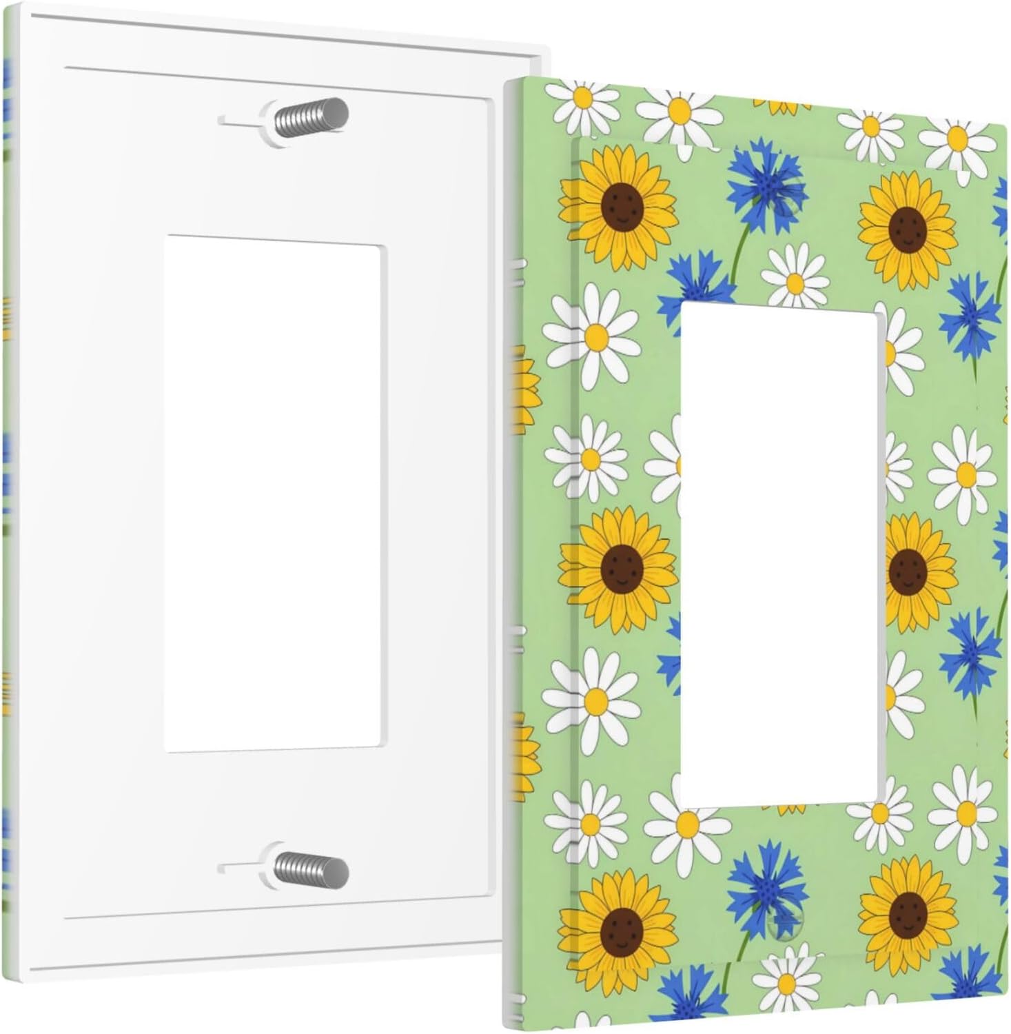 1 Gang Single Rocker Sunflowers White Daisy Blue Floral Green Decorative Light Switch Cover - GFCI Outlet Wall Plate for Bathroom Bedroom 5X3 Inch