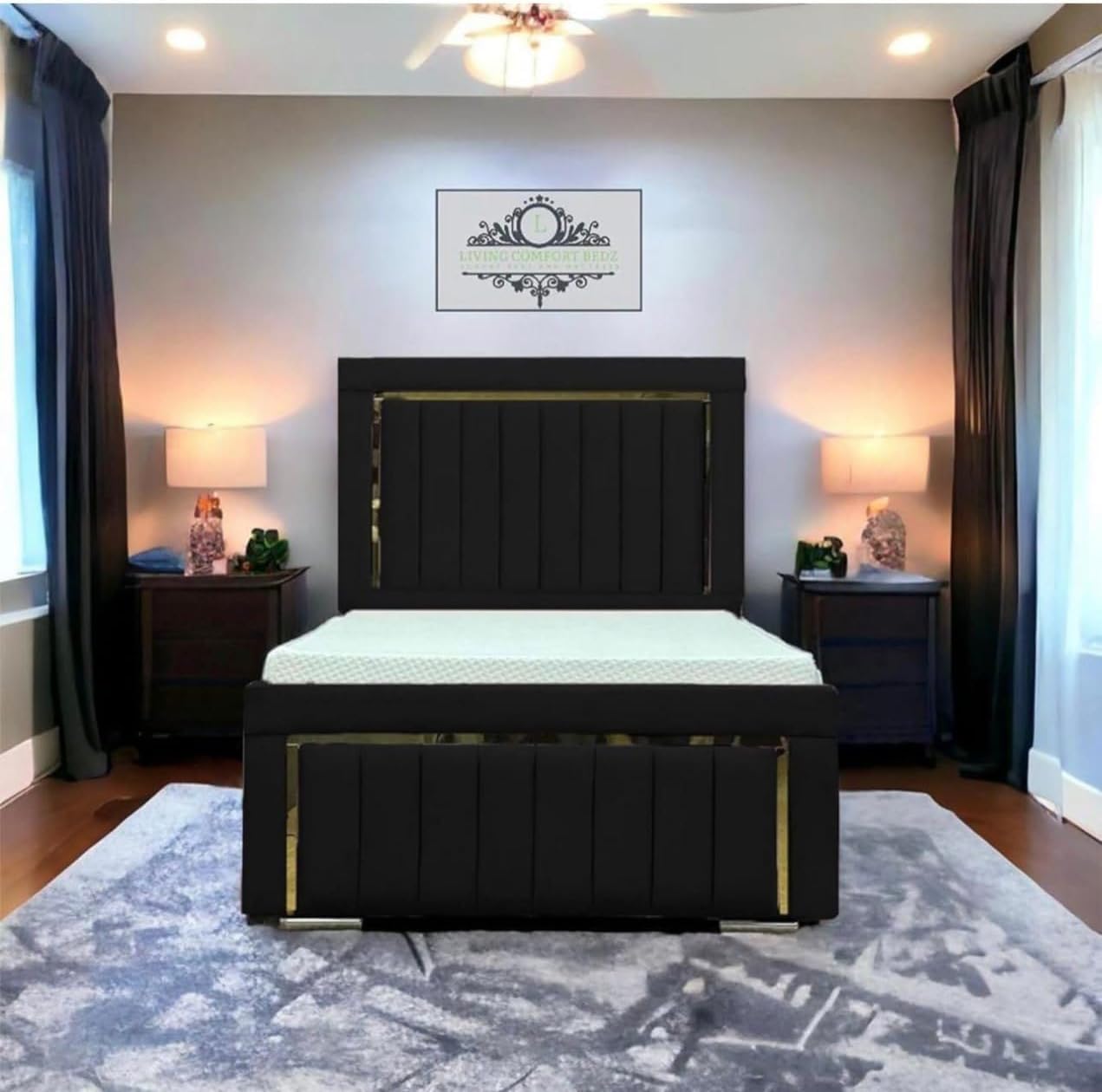 Atmosphere Plush Velvet Divan Bed Frame, Small Double, 46-Inch Headboard, 4 Storage Drawers, Contemporary Design (Black, 4ft6)