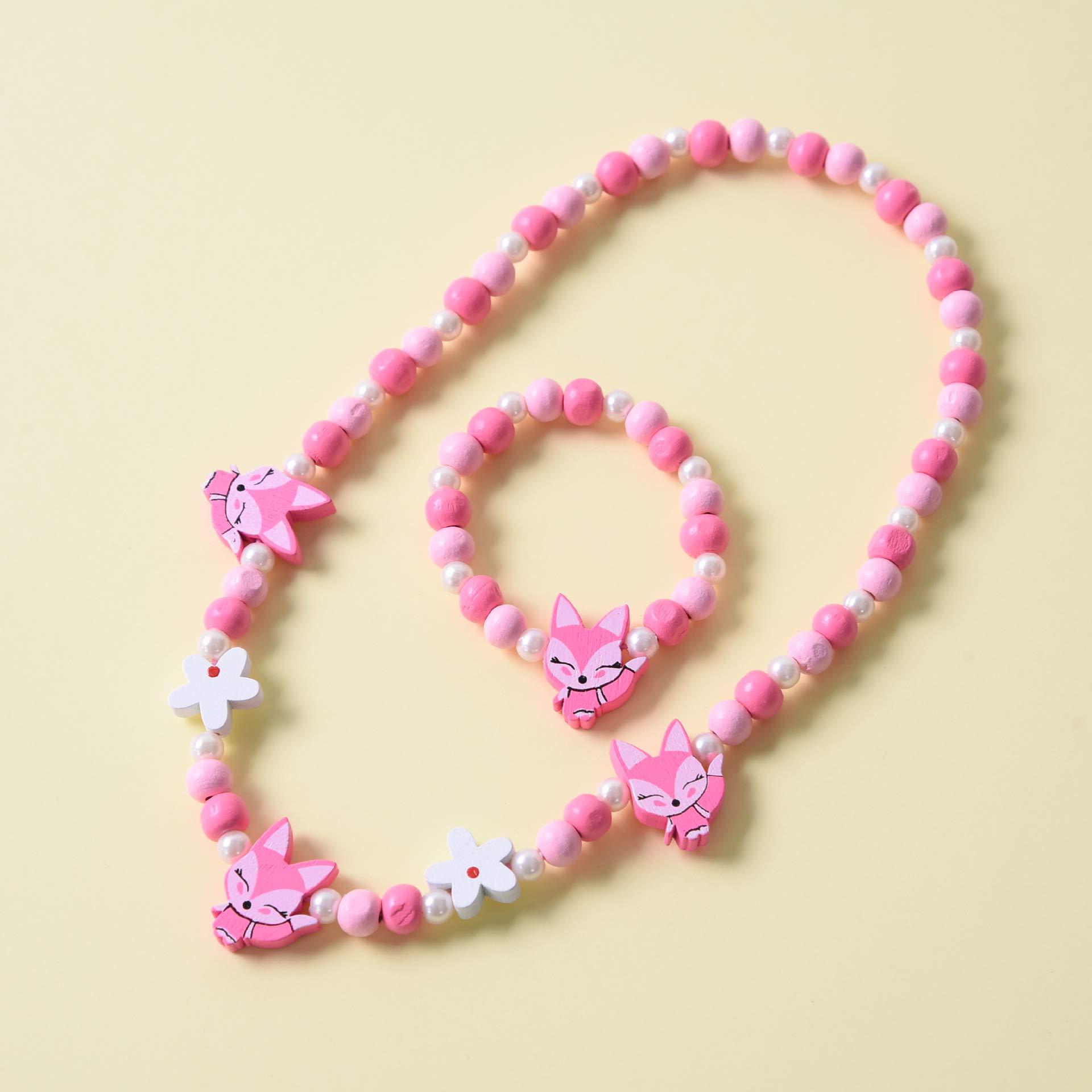 El Regalo Kids/Toddlers/Girls Wooden Beads Handmade Necklace & Bracelet Jewelry Sets (1 Necklace & 1 Bracelet) : Kids Princess Jewelry Set (Kitty Pink Jewelry Set) 2