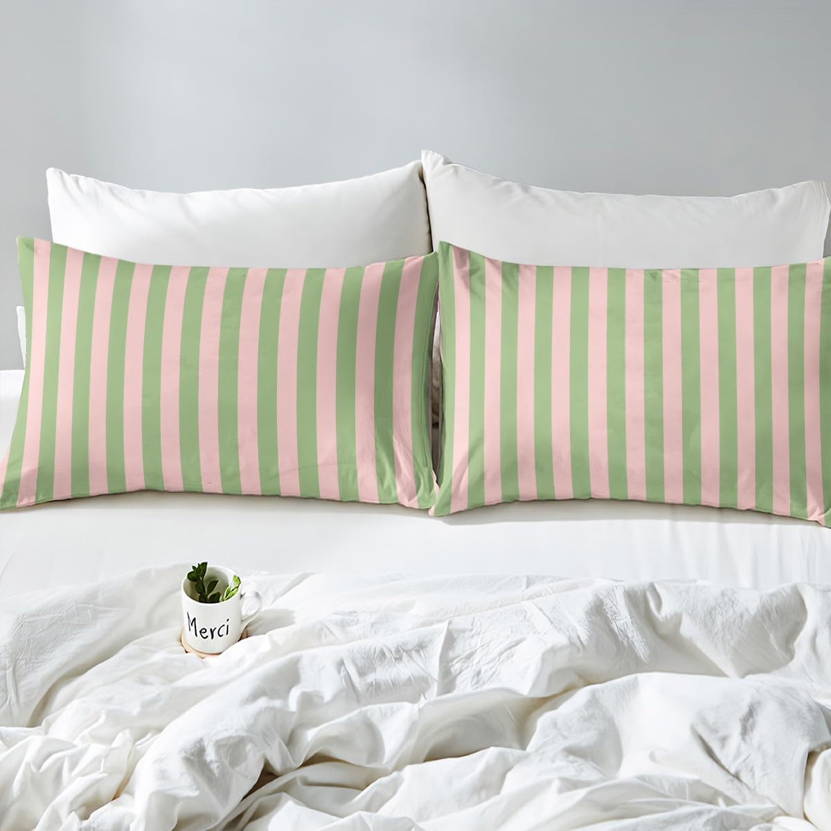Kids Pink Green Bedding Full Size Abstract Fitted Sheet with 2 Pillowcases for Boys Girls Teens Bedroom Decor Stripes Bed Sheets Set 16" Deep Pocket Breathable Soft Microfiber Women Men Geometric