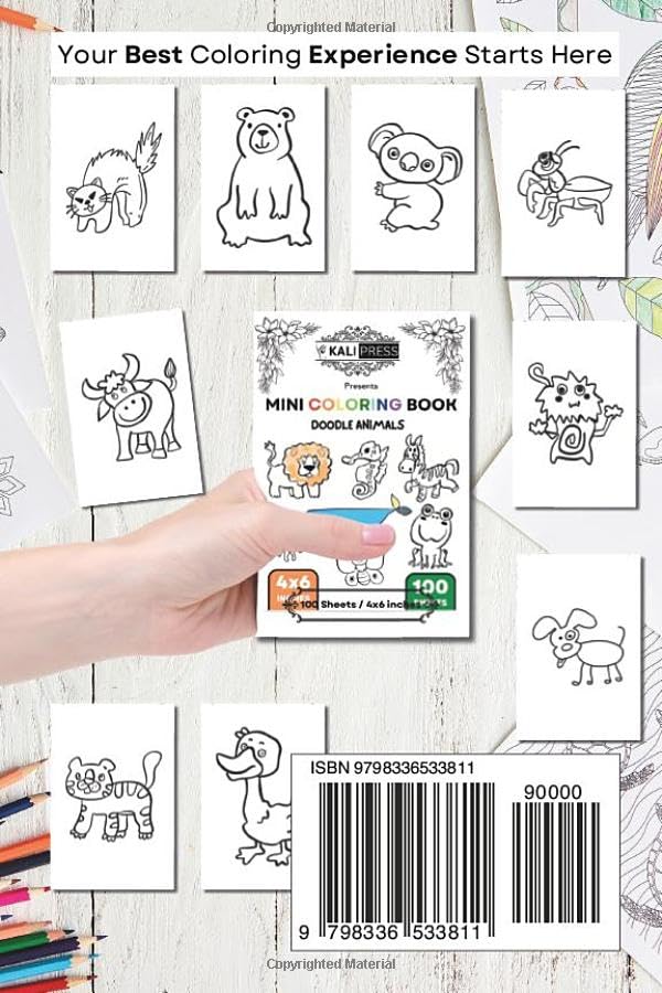 Doodle Animal 4x6 Mini Coloring Book For Kids Adults 100 Pages: Easy Tiny Small Pocket Size Travel Friendly Funny and Cute - Image 2