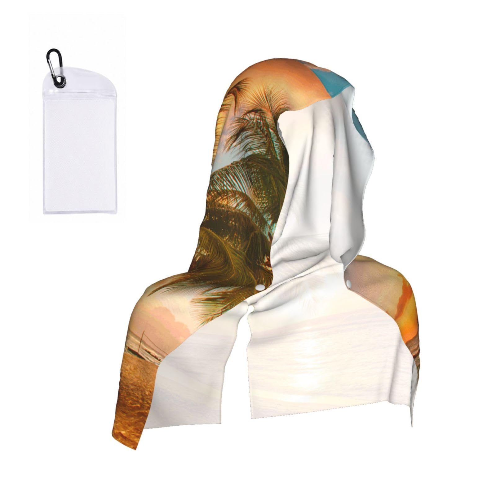 SATUSA Tropical Beach Palm Tree Sunset Print Cooling Hoodie Towel, Cooling Towels For Neck And Face, Quick Drying Absorbent Cooling Head Towel Beach Camping Gym Construction(2pcs)