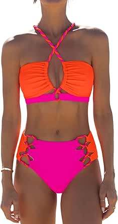 Aazon.co: Popvil High Waisted Bikini Sets Woen Bathing Suit Tuy Control Neon Swisuits