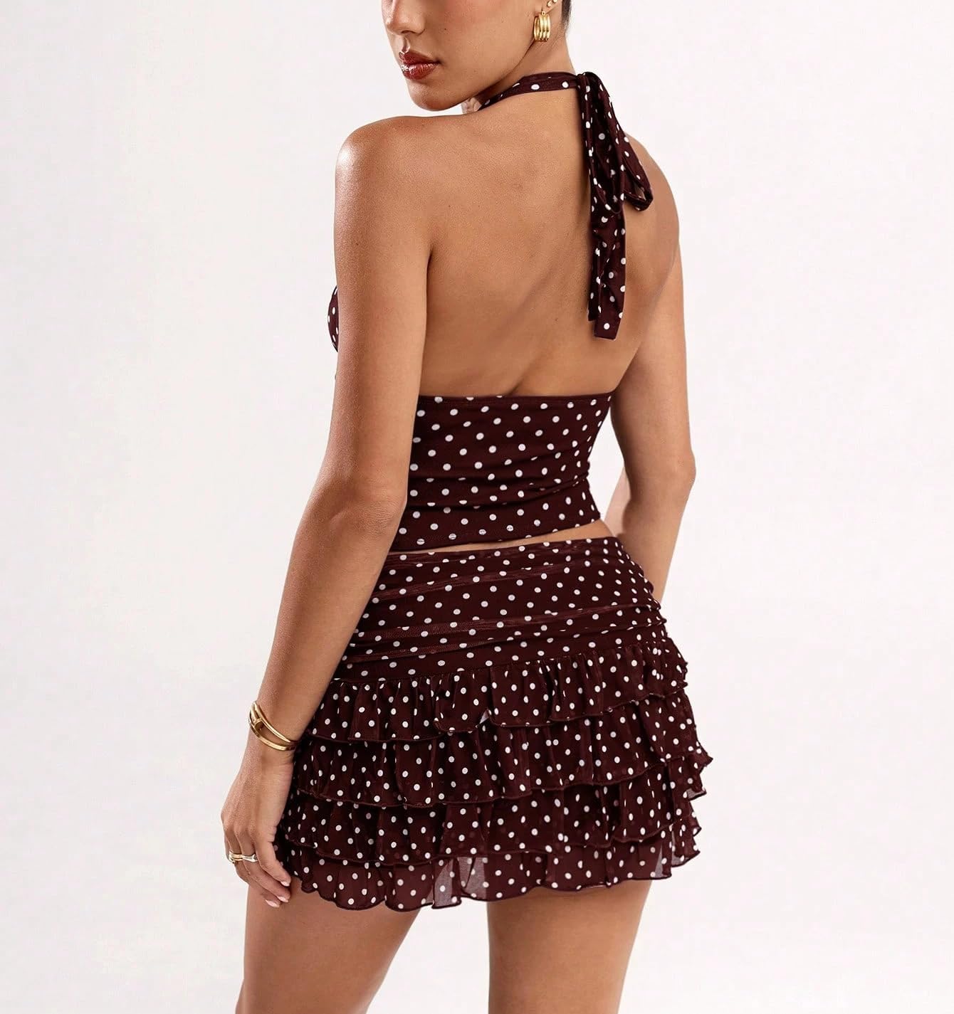 Women Y2k Coquette V Neck Polka Dot Mesh Crop Halter Tops Sexy Open Back Tie Up Fitted Ruched Tank Summer Shirts - Image 5