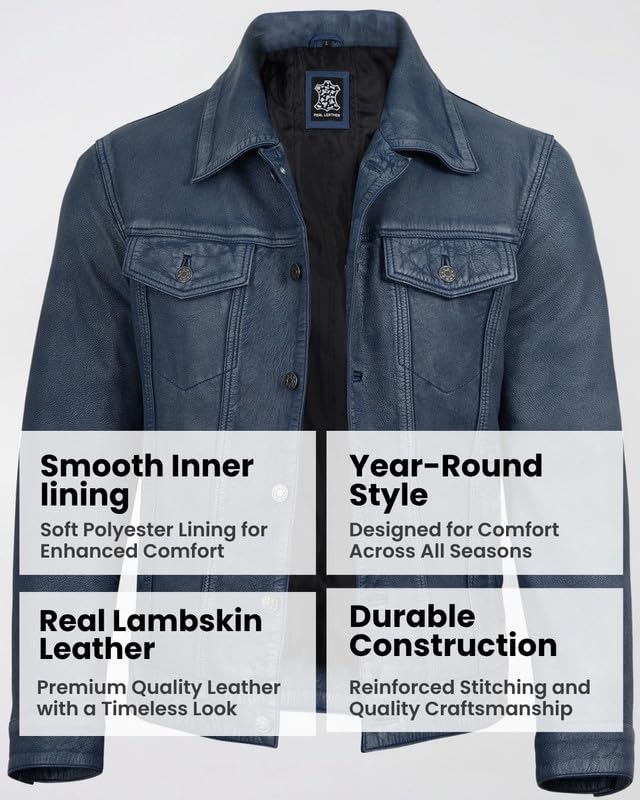 Image of Blingsoul Men's Leather Jacket - Real Full-Grain Lambskin Trucker Jacket for Men