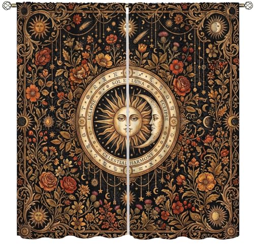 PHTAYOT Sun Moon 70s Curtains Celestial Vintage Mystical Star Wildflower