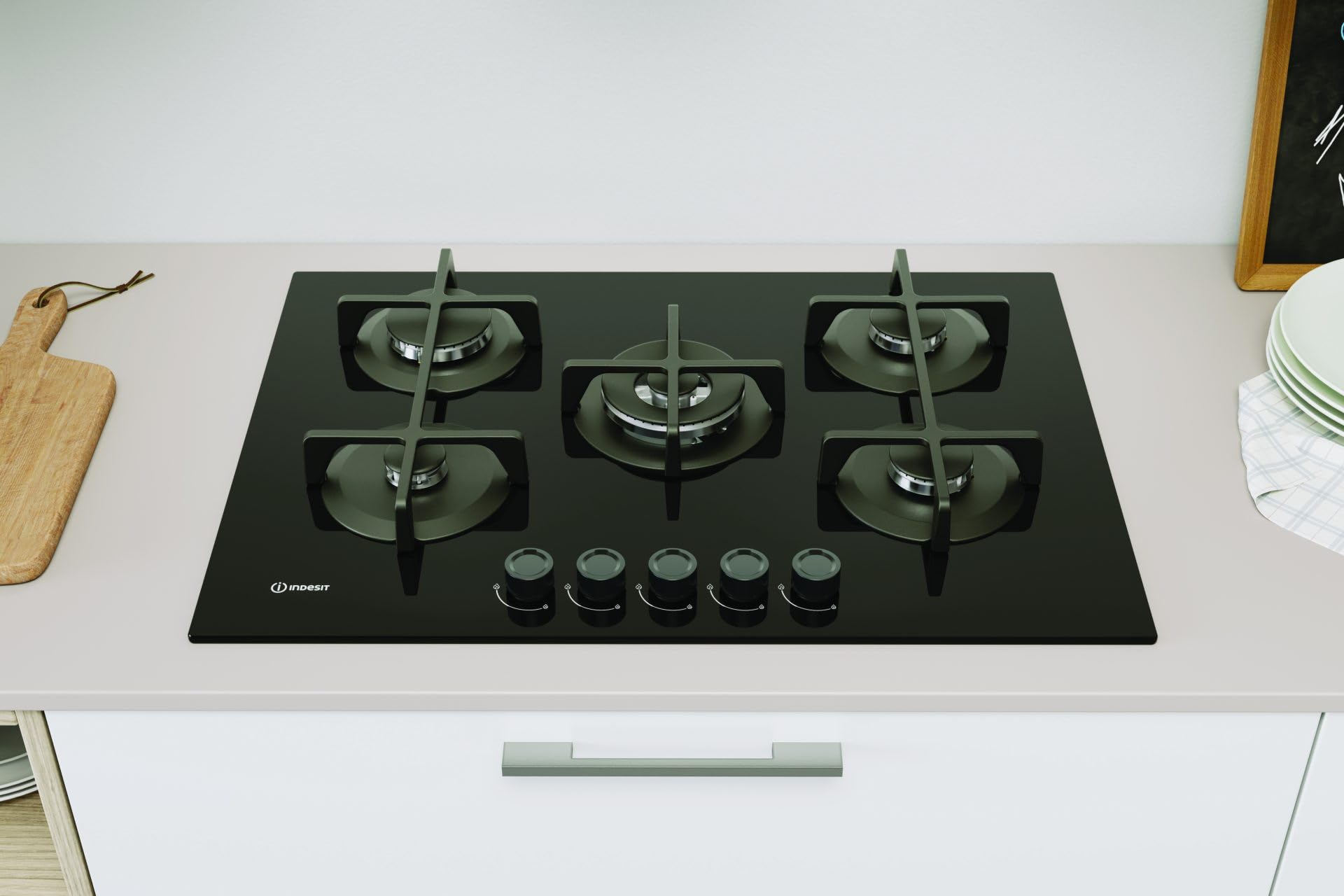 Indesit ING 72T/BK 1 piano gas vetro nero 75cm 5 fuochi bruciatore doppia corona griglie in ghisa lavabili in lavastoviglie