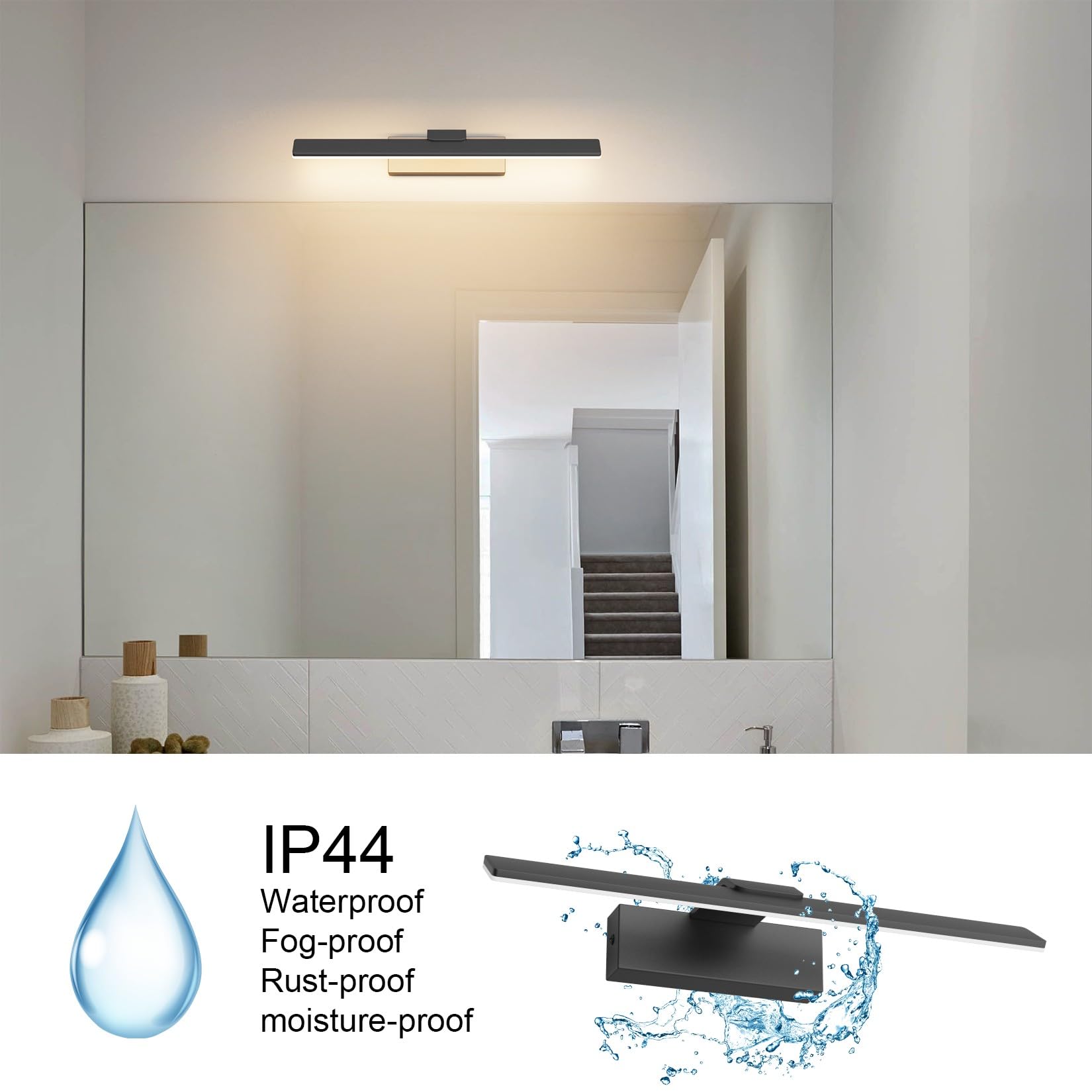 Klighten Spiegelleuchte Bad LED 40cm 12W, Spiegellampe Bad IP44, Badezimmer Lampe Wand Aluminium Badleuchte Badlampe Wand, 60 LEDs, 1100 Lumen, Warmweiß 3000K, Schwarz