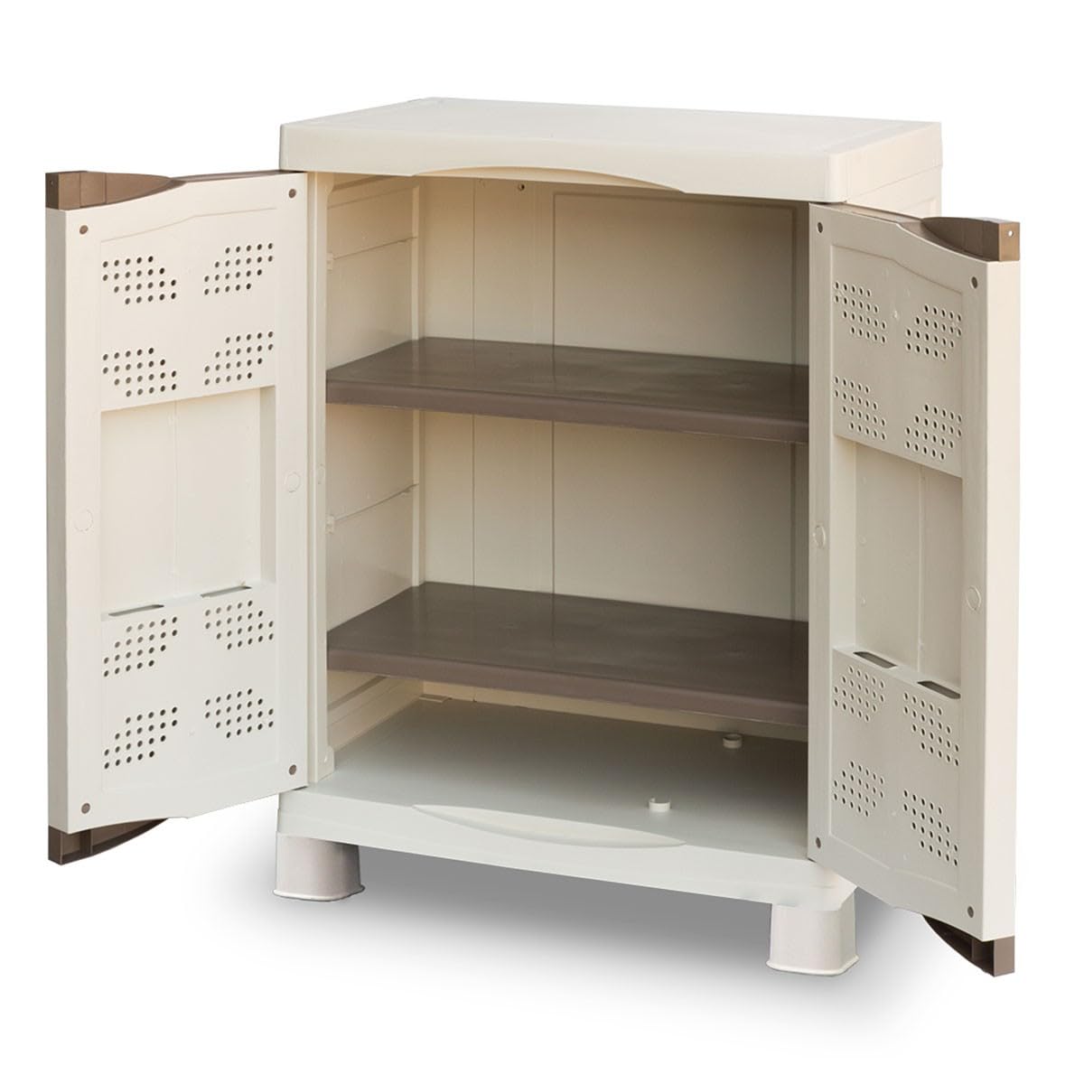 Intec – Armario bajo exterior interior beige 2 puertas 2 estantes 70 x 47 x 97 cm – pequeño mueble de almacenamiento carga 50 kg Max Garage Lavandería Terraza jardín