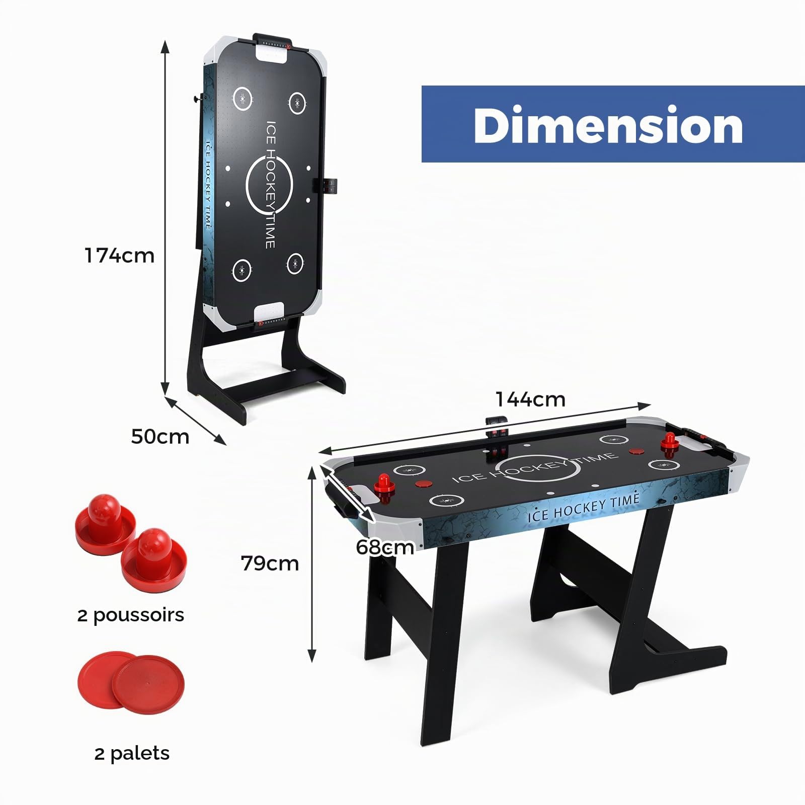 HOMASIS Table d'Air Hockey pliable, table de jeu électronique avec moteur 12 V et écran LED pour le score électronique, 2 disques et 2 raquettes pour enfants et adultes, 144 x 68 x 79 cm