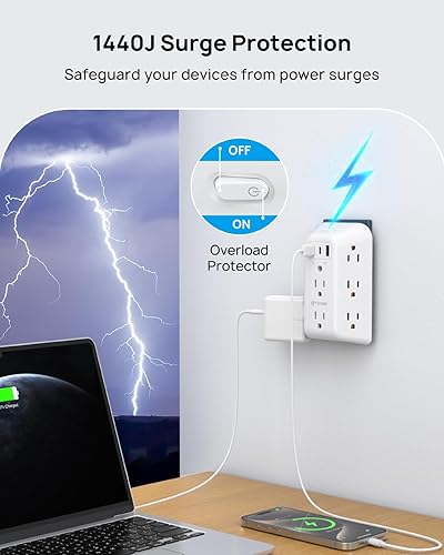Miniatura 3 de TROND - Protector de sobretensiones extensor de salida  Divisor de 8 salidas con 3 puertos USB (1 USB C), expansor de enchufe múltiple con