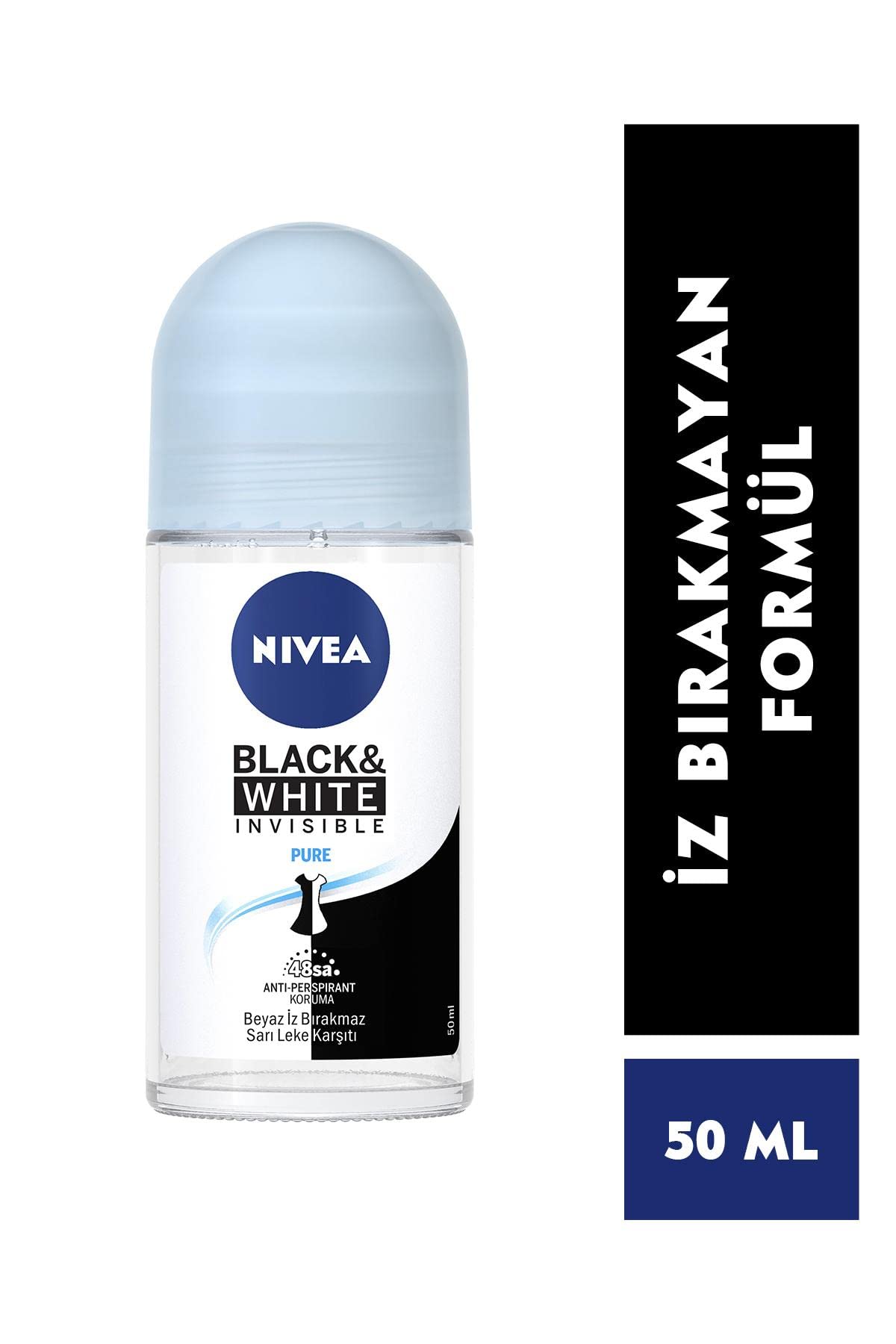 NIVEA Kadın Roll On Deodorant Black & White Invisible Pure 48 Saat Anti-perspirant Koruma (50 ml)
