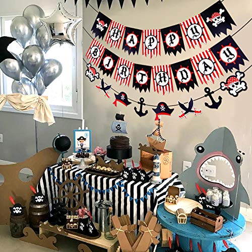 Levfla Pirate Happy Birthday Banner Halloween Party Decoration Supplies, Sword Captain Hat Helm Photo Props Garland For Kids, Nautical Sailing Treasure Black And Red Striped Party Pennant Decorations #TOP3