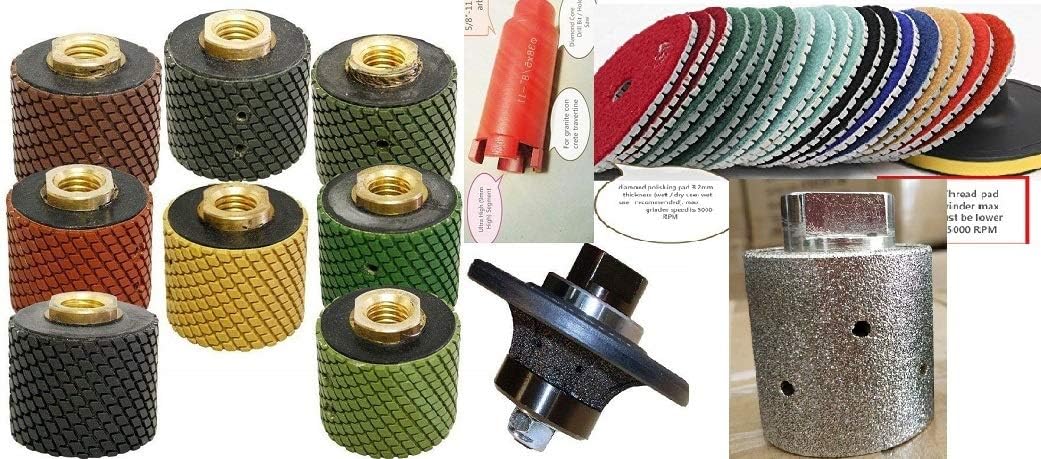 1 3/8" Diamond Core Bit WET Polishing Drum Zero Tolerance Grinding Drum 9 + 15 Polishing Pad countertop vessel sink 3/8" Radius Bullnose shaping Router Bit stone granite marble concrete quartz slate