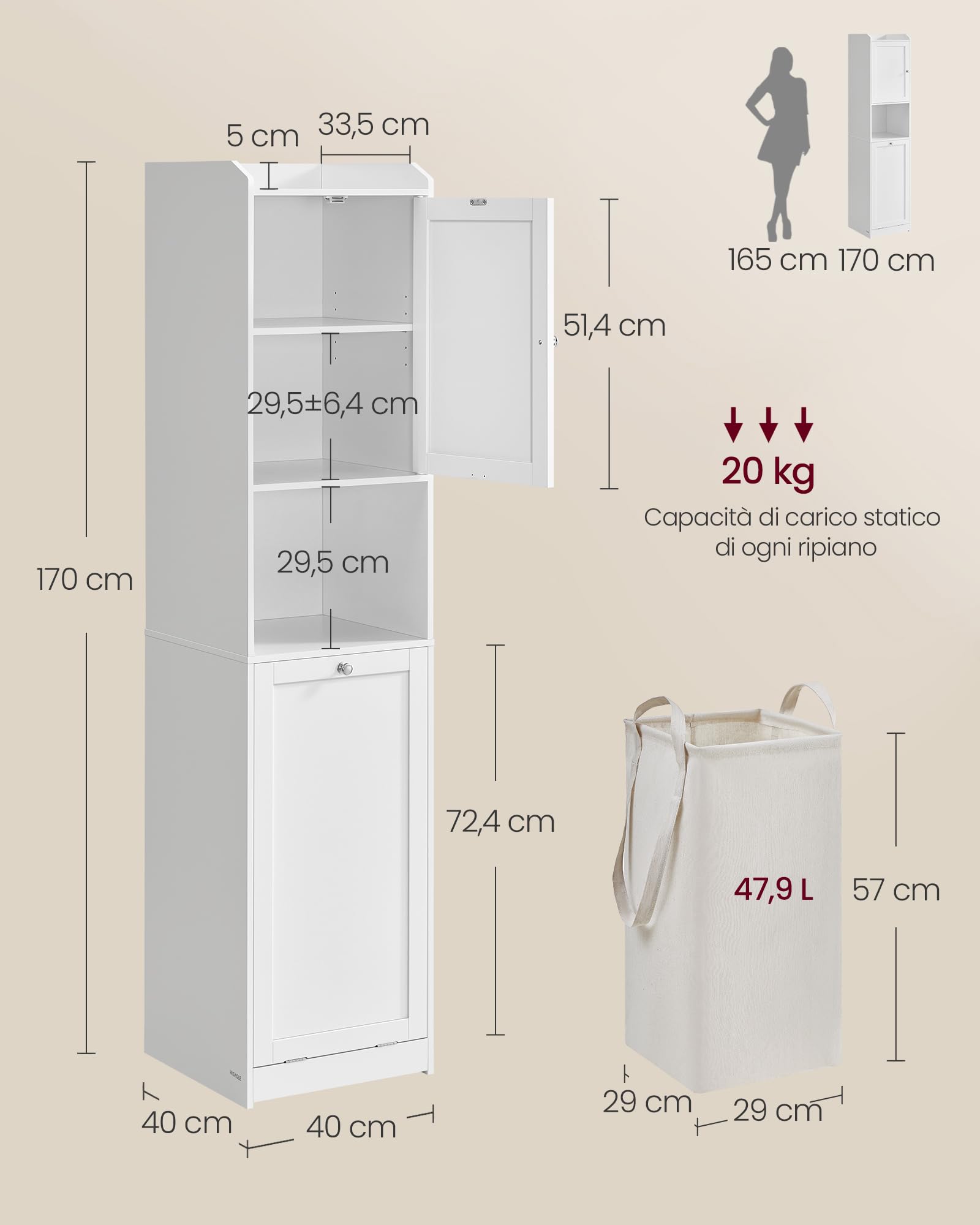 VASAGLE Meuble de Salle de Bain, Panier à Linge, Placard de Rangement Haut, avec Sac Intérieur Amovible avec Poignées, Compartiment avec Porte, 40 x 40 x 170 cm, Blanc Nuage BBC761W01