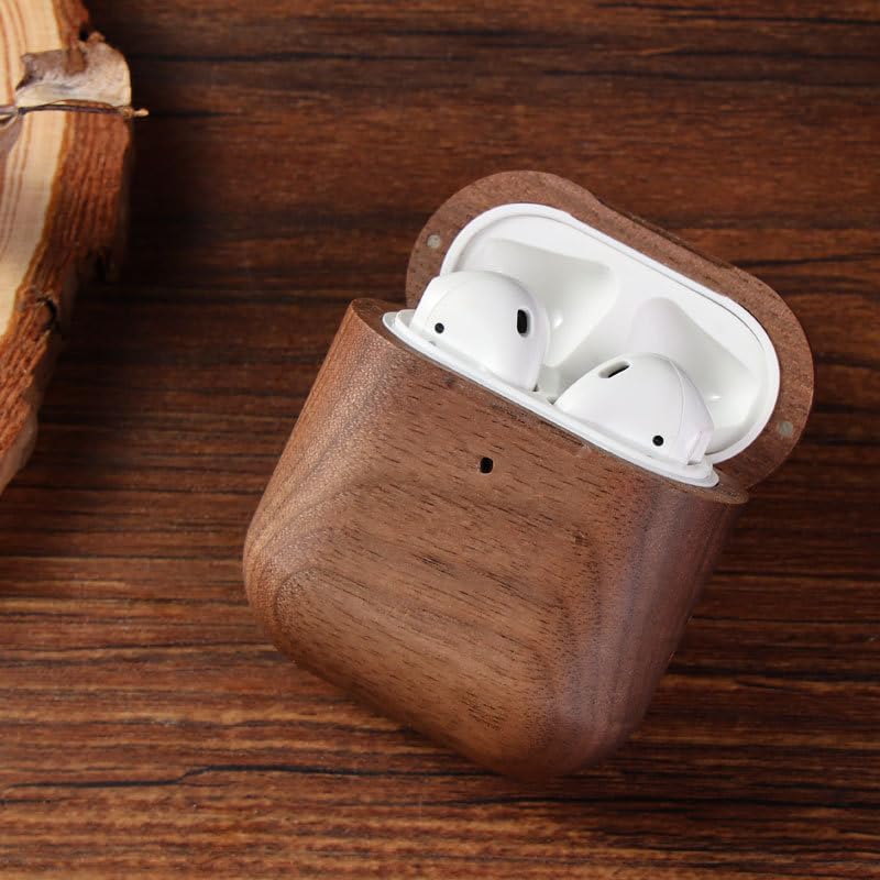 Handmade Natural Wood Case with Wristlet | Full-Body Protective Wood Case for Apple Airpod with Holes for Lanyard (Walnut, Airpod 1/2)