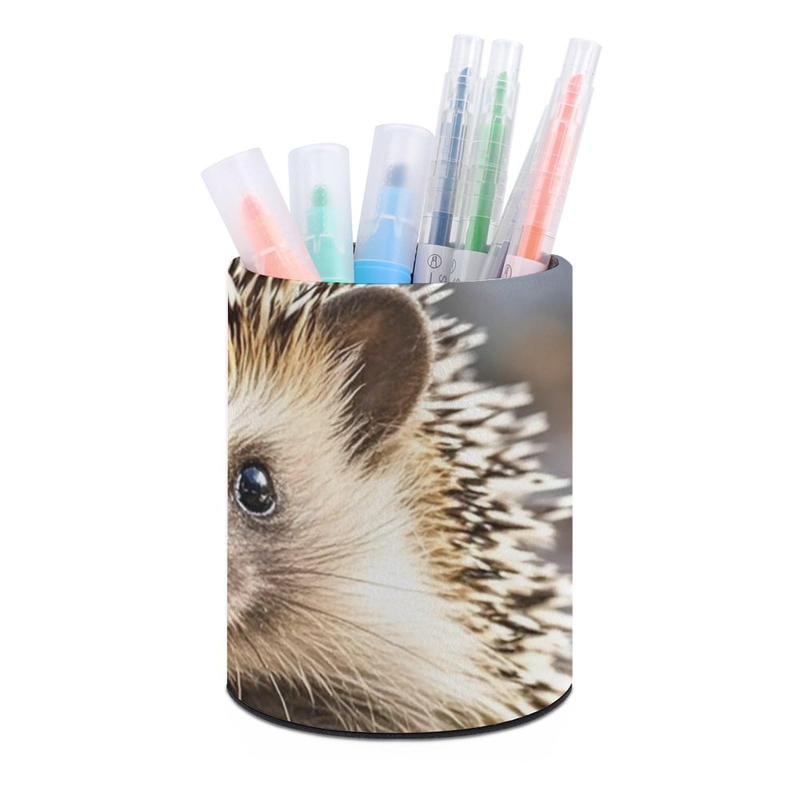 FekiLoot PU Leather Round Pen Holder Hedgehog Pencil Holder Desk Organizer Pen Organizer Pen Cup Pencil Cup Caddy Desktop Stationery Organizers for Office Home Supplies