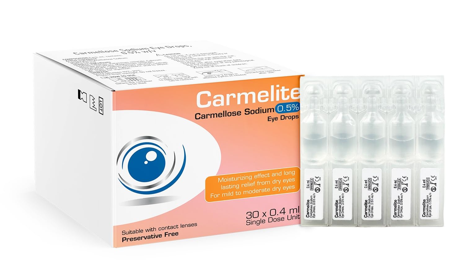 Carmelite Carmellose Sodium 0.5% Lubricant Eye Drops for Dry Eye Relief, Preservative-Free Single Dose Use Vials, 30 x 0.4 mL, Sterile Gentle Moisturising Drops