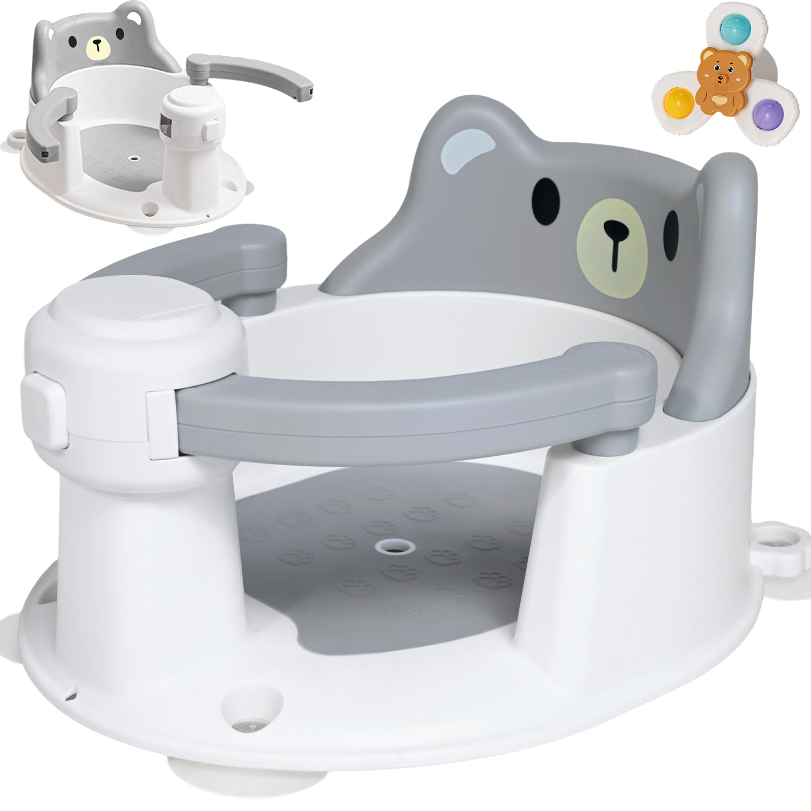 Dazhtu Baby Badewannensitz,Baby Badesitz ab 6 Monate,Bär Rutschfester Badesitz Baby mit 4 Saugnäpfen,360°Rundumschutz,Sicherer Tragbarer Badstuhl für Dusche oder Badewann,für Kleinkinder,Grau