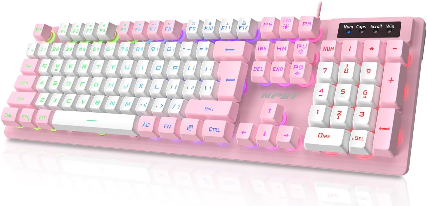 NPET K10 Wired Gaming Keyboard, RGB Backlit, Spill-Resistant Design, Multimedia Keys, Quiet Silent USB Membrane Keyboard for Desktop, Computer, PC(Begonia