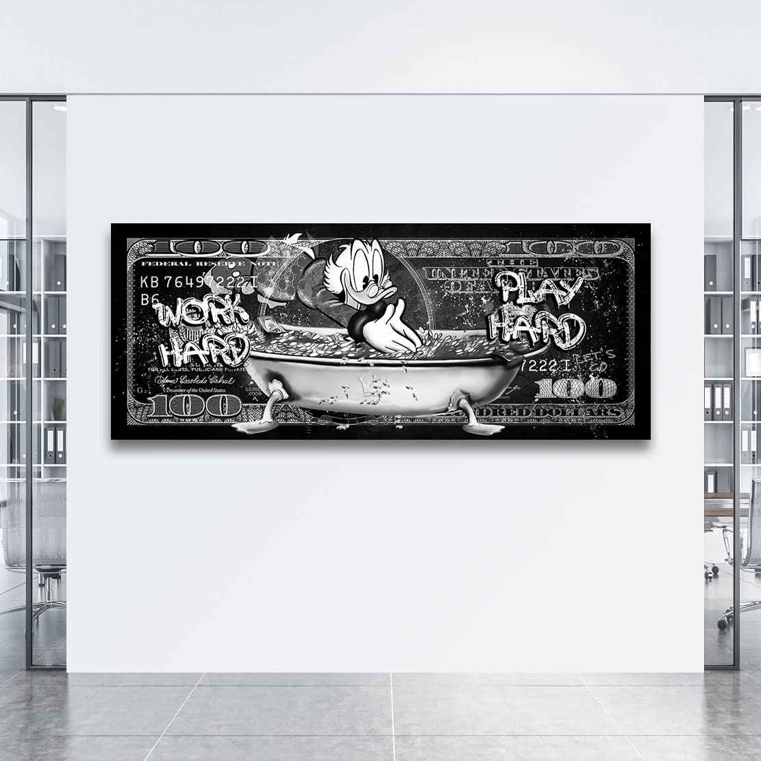 Kunstgestalten24 Leinwand Bild Dagobert Duck Work Hard Black and White Pop Art Wandbild Kunstdruck Raum- u. Wanddeko