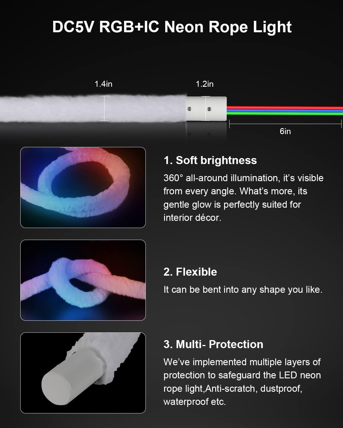 LED Neon Rope Lights, 16.4ft RGBIC 360° Luminous 5v USB Bluetooth APP Control Music Sync IR Remote Color Changing Smart LED Strip Lights for Bedroom Gaming Party Decor