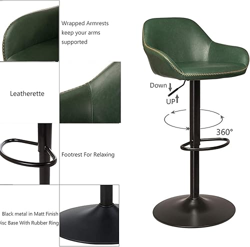 Miniatura 16 de Glitzhome Mid Century - Juego de 2 taburetes de bar ajustables de cuero giratorio vintage con respaldo y reposapiés, taburetes de bar modernos de