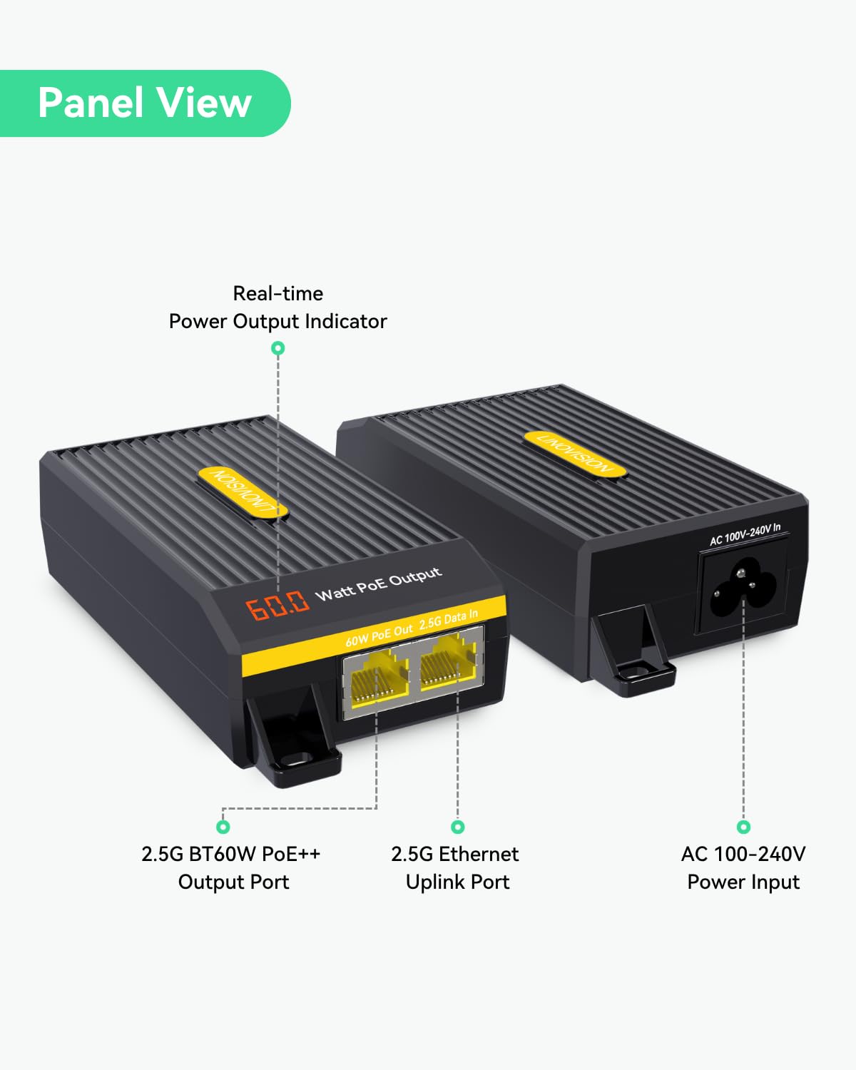 LINOVISION 2,5G BT 60W PoE++ Injektor mit Echtzeit-Leistungsanzeige, Single-Port IEEE802.3bt PoE-Injektor für PTZ-Kameras, PoE-Beleuchtung, WiFi 6-Zugangspunkte