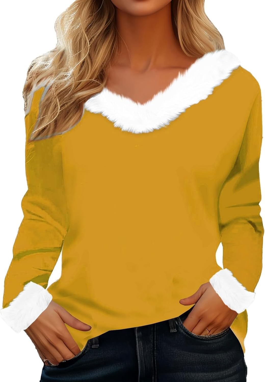 Kersttrui kerstoutfit dames kerstshirt dames winter casual mode V-hals kerstprint lange mouwen T-shirt tops vrijetijdshemden, geel, XXL Kersttrui kerstoutfit dames kerstshirt dames winter casual mode V-hals kerstprint lange mouwen T-shirt tops vrijetijdshemden, geel, XXL