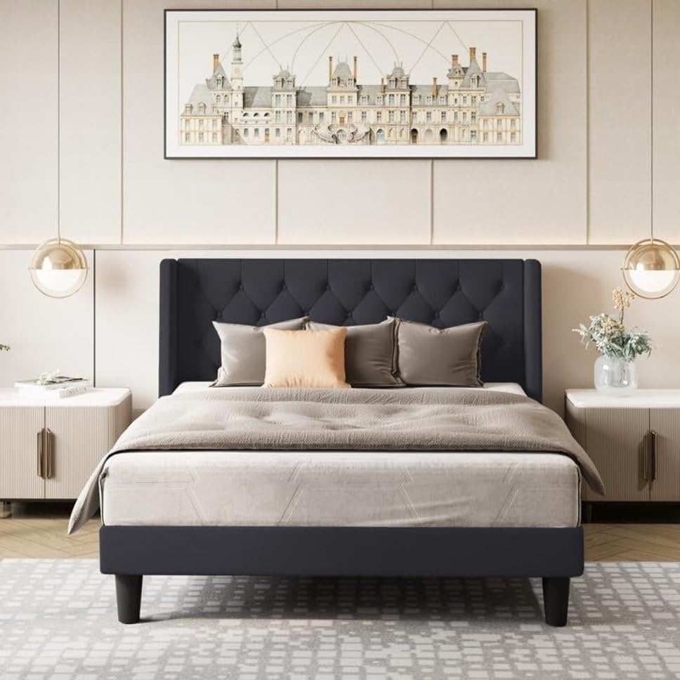 Image of Wooden Modern Upholstered Queen Size Bed for Bedroom | Wooden Double Bed Without Storage | Platform Cot Upholstered Bed with Upholstery Fabric | Engineered Wood | 6.5 x 5 Ft | Black Koa