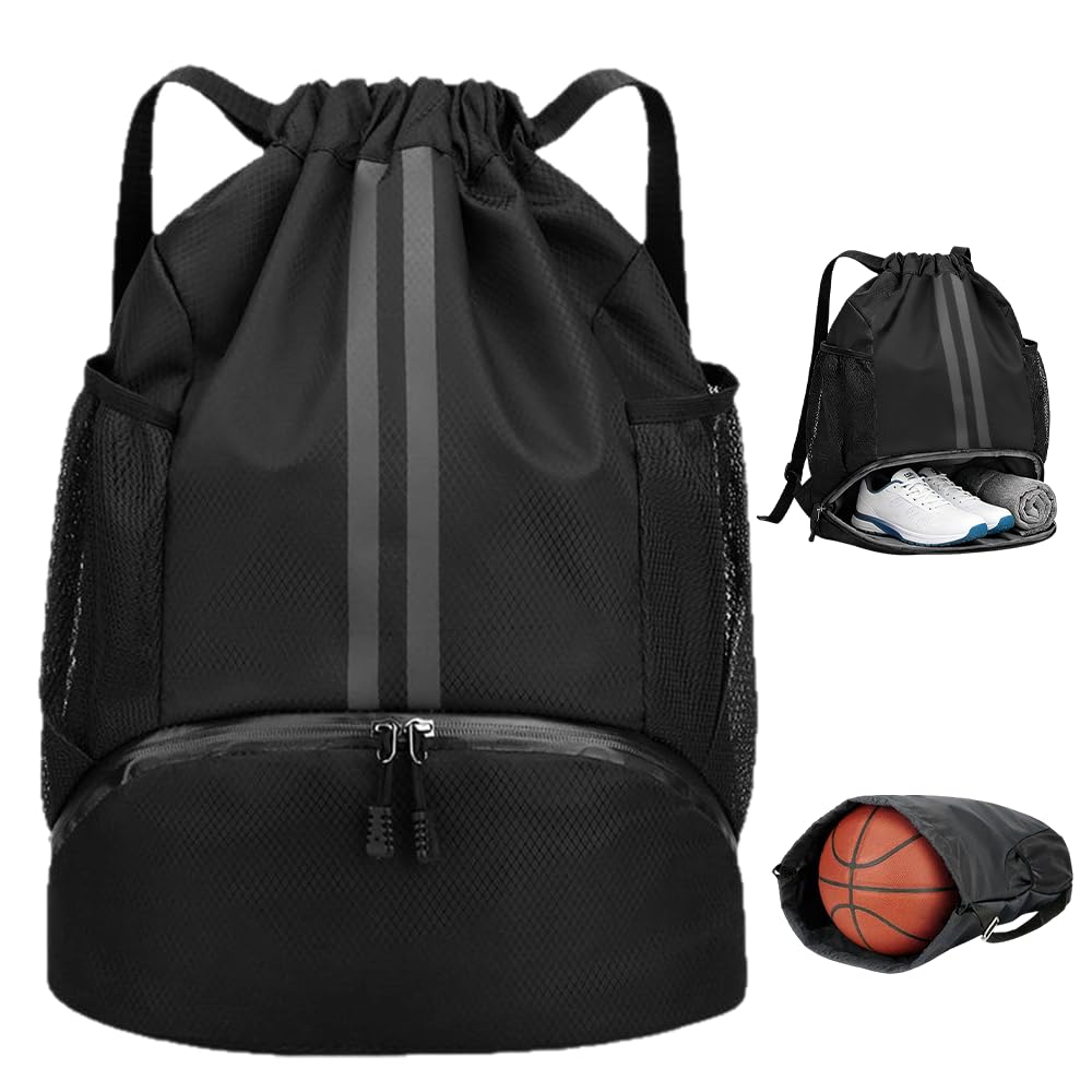Agarte Drawstring Gym Bag for Gym & Swim, Waterproof Sports Backpack with Shoe Compartment and Wet Dry Separation, Unisex Large Sports String Backpack with Adjustable Shoulder Straps (Men & Women)