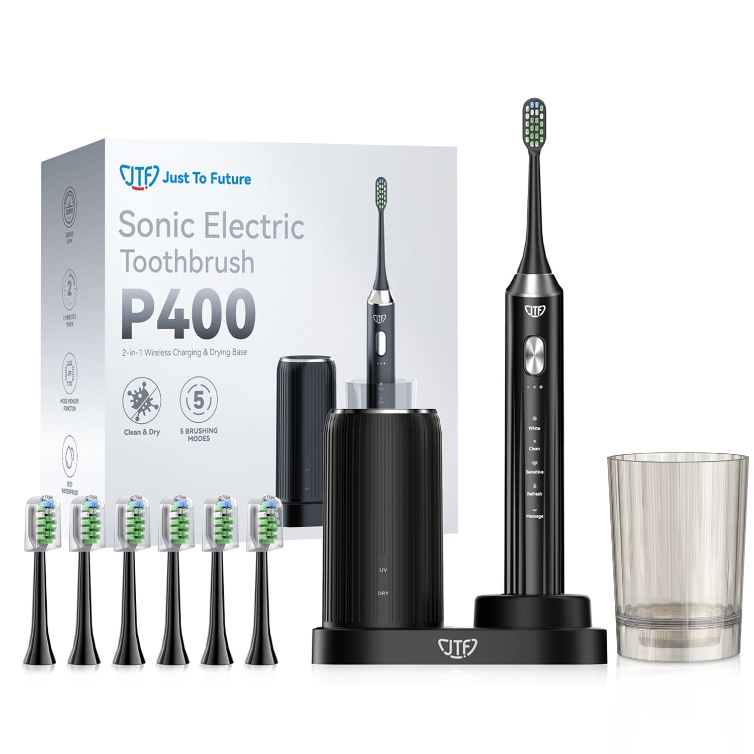JTF Cepillo de Dientes Eléctrico Sónico con Limpieza y Secado UV, Estación de Carga Inalámbrica, 5 Modos de Limpieza, 6 Cabezales de Repuesto, Vaso Incluido y Resistente al Agua IPX7 (Negro)