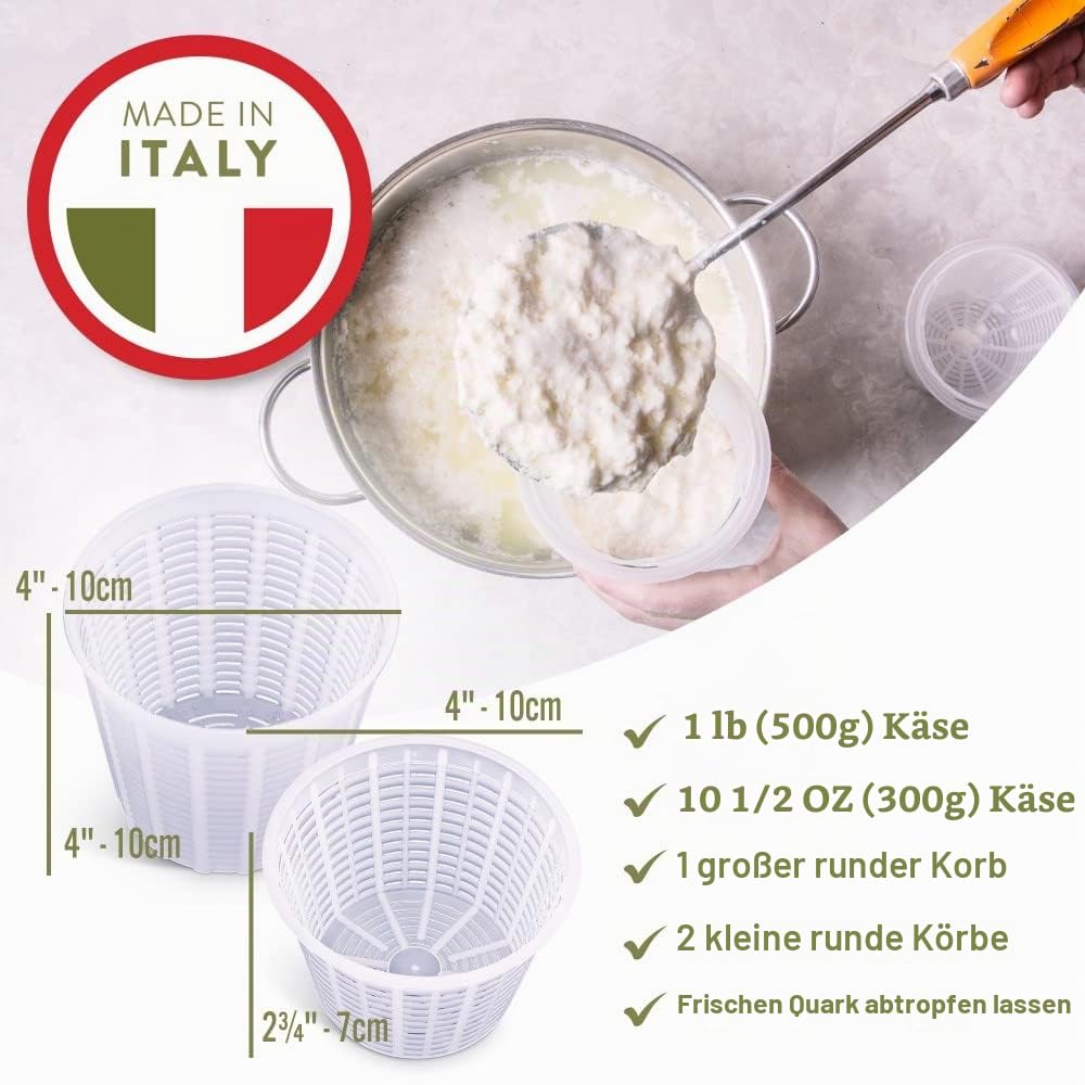 Einfaches Käseherstellungs-Set,5 Käseformen + Käsebuch,Hergestellt in Italien,Rezepte zur Herstellung von Ricotta, Paneer, Ziegenkäse, Quark und mehr,Professionelles Käsepressen-Korb-Set von Sieben
