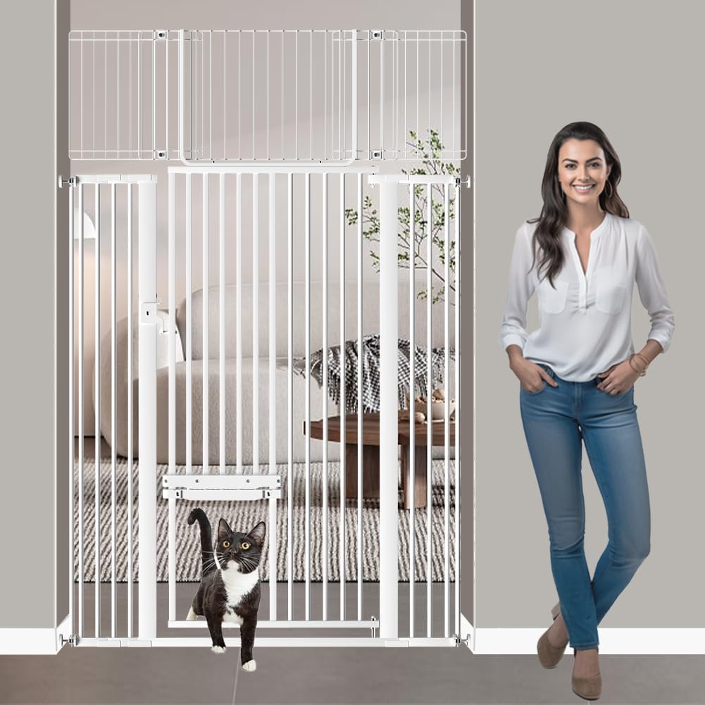 71" Extra Tall Cat Gate for Doorway 37.8"-43.31" Wide- No Jumping Over No Squeeze Through Indoor Pet Gate Barrier for Cats Baby - Temporary Baby Pressure Mounted Gates for Kids or Pets Dogs (White) 37.8"-43.31" White
