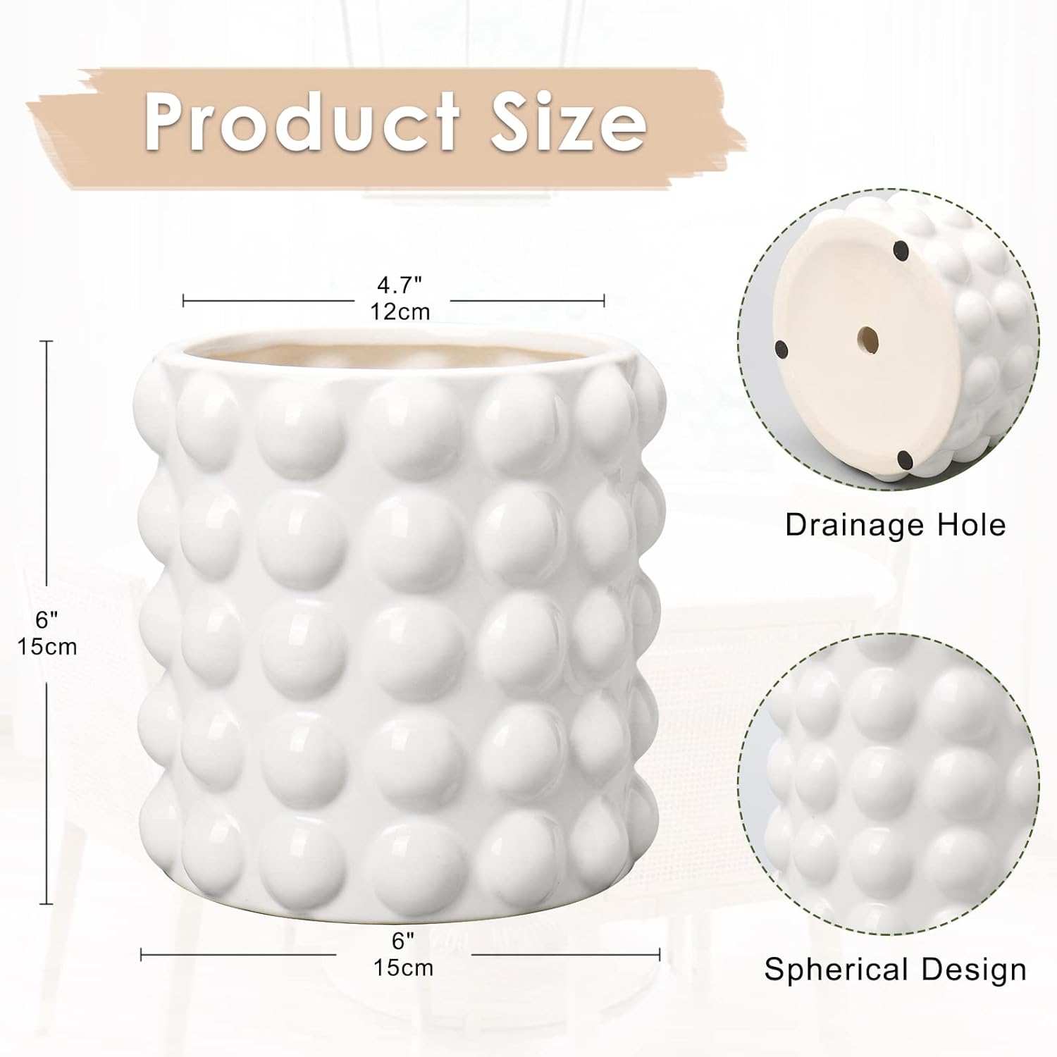 DILATATA 6 Inch Ceramic Planter Pot for Indoor Plants with Drainage Hole Bubble Flower Planter Hobnail Plant Pot Garden Planter White Succulent Plant Pot Utensil Holder