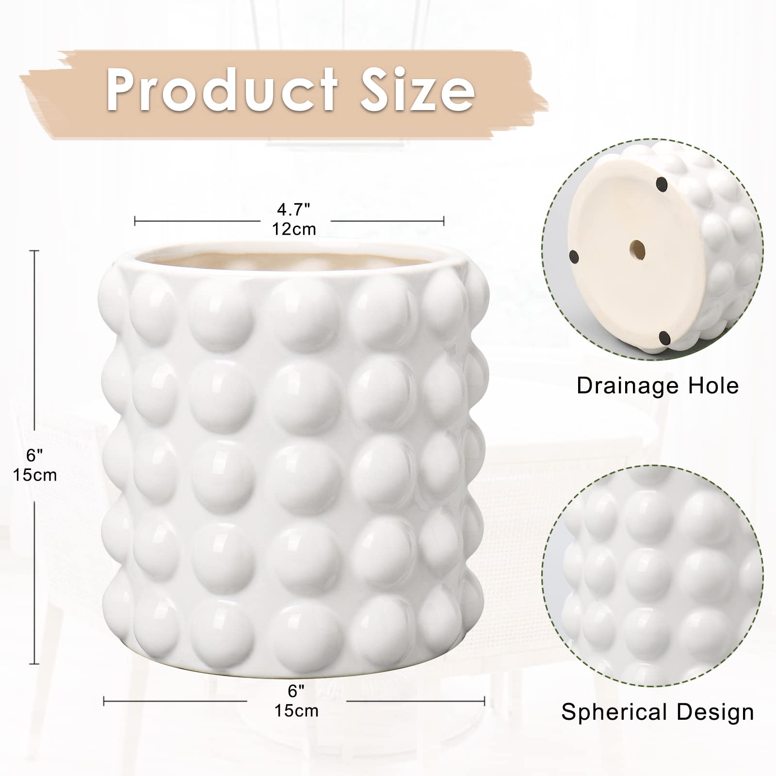 Oairse Ceramic Plant Pot 14cm/5.5inch Bubble Ceramic Planter with Drainage Holes White Flower Pots Beaded Design Decorative Plant Pots Indoor pour Succulent Cactus Snake Plant Houseplant - Image 2