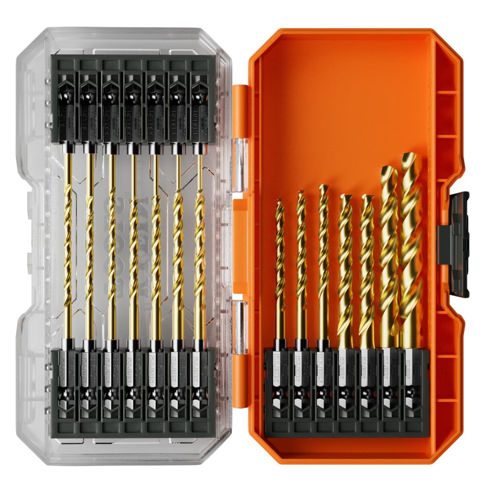 Klein Tools 53621 21-Piece Titanium Drill Bit Set, Impact-Rated, 1/4-Inch Hex Shank, Cuts Metal, Plastic, Wood, 15 Unique Sizes