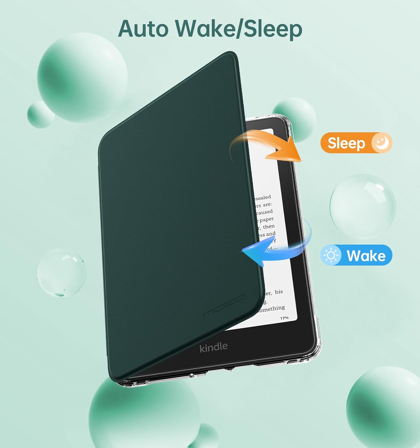 MoKo 360° Rotating Case for 7" Kindle Paperwhite 12th Gen 2024 & Kindle Colorsoft 2024/2025, Clear Back Detachable Magnetic Protective Adjustable Stand Cover with Auto Wake/Sleep, Midnight Green