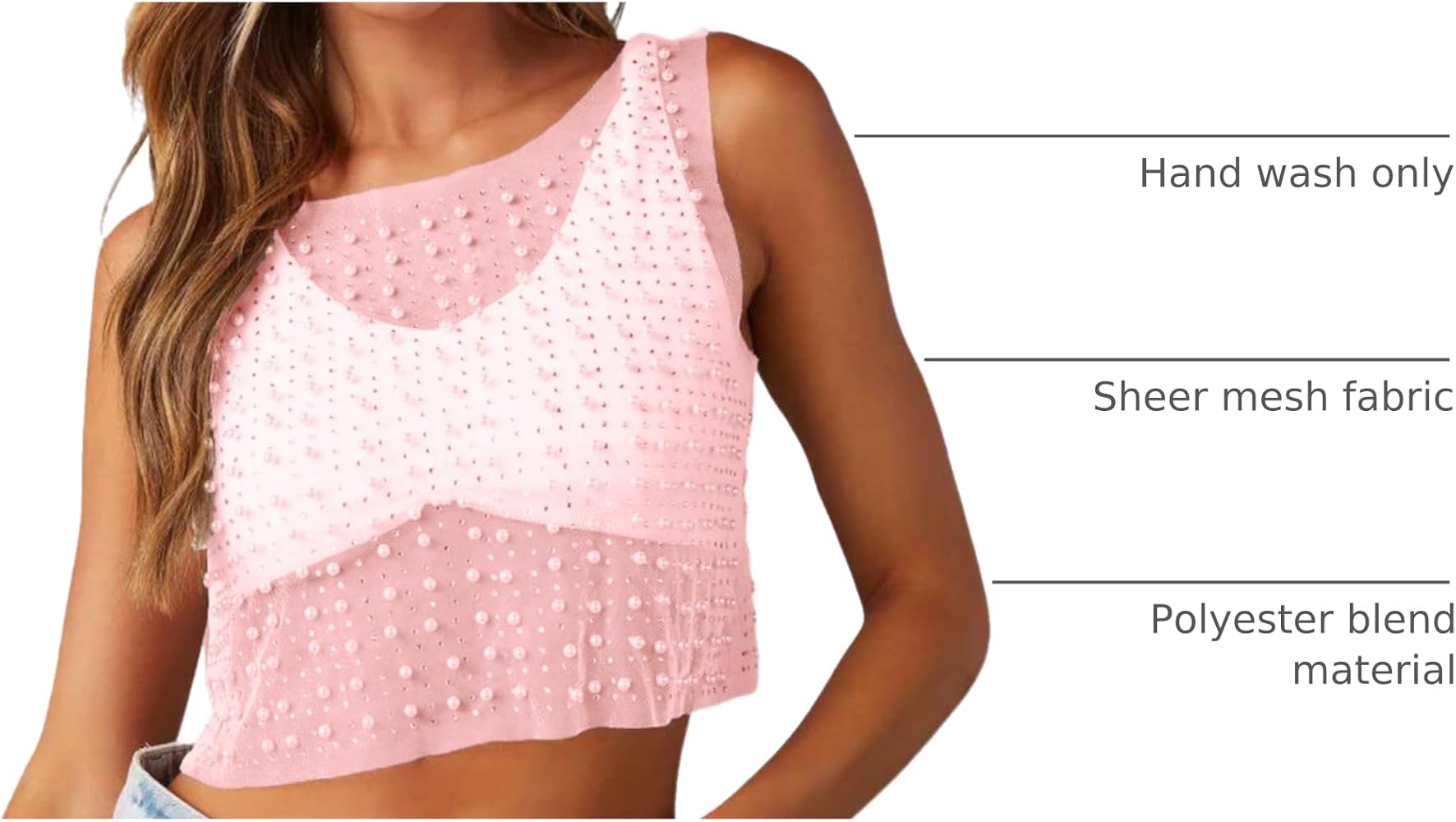 Naileksi Women Pearl Beaded Sheer Mesh Crop Top Sleeveless