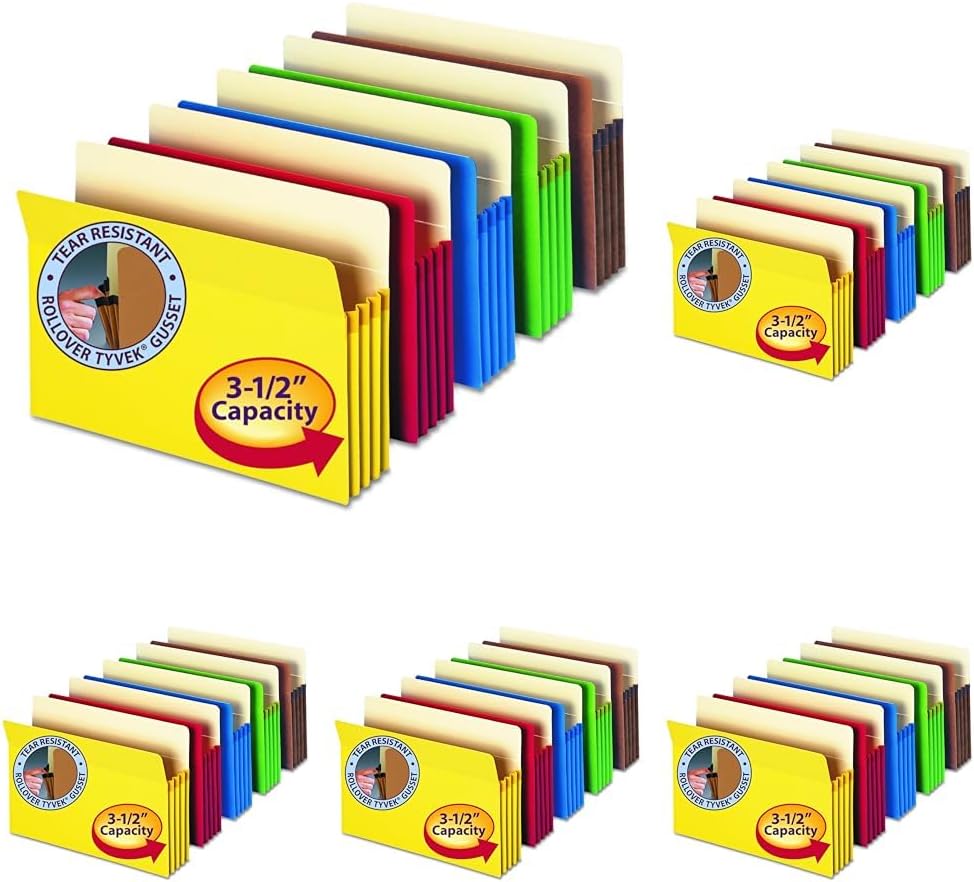 Smead File Pocket, Straight-Cut Tab, 3-1/2" Expansion, Letter Size, Assorted Colors, 5 per Pack (73892)