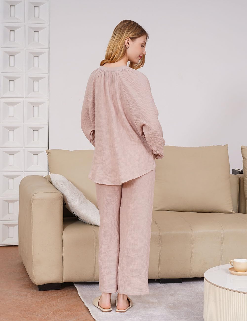 Womens Cotton Gauze Pajama Set Long Sleeve, Soft and Breathable Sleepwear with Pockets - Image 6