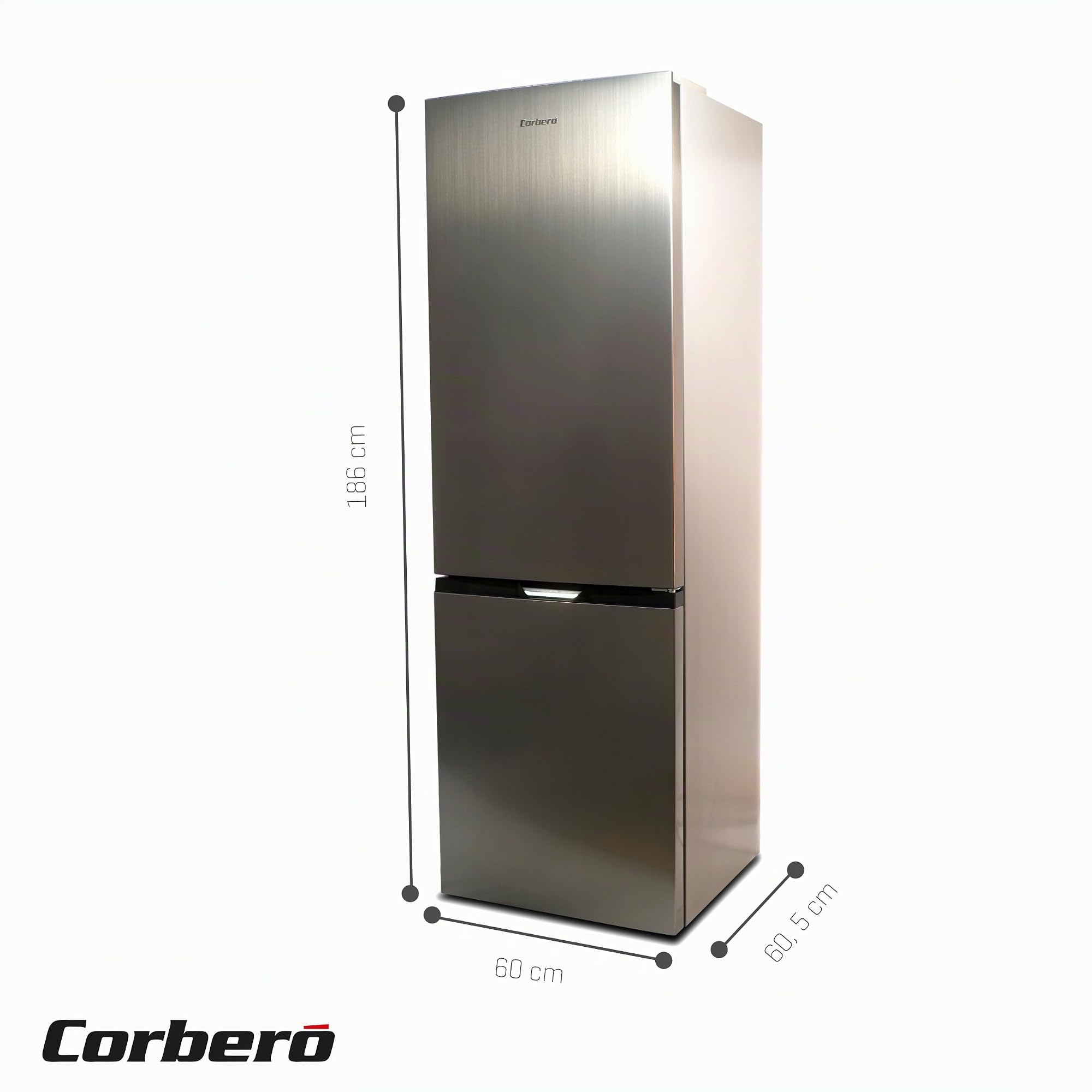 Corberó - Frigorífico Combi | CCH18564NFX | 293L | 60,5x186x60 | No Frost | Luz LED | Crisper | Balcones Ajustables | Estantes de Cristal, Hueveras, Cubiteras | Inox