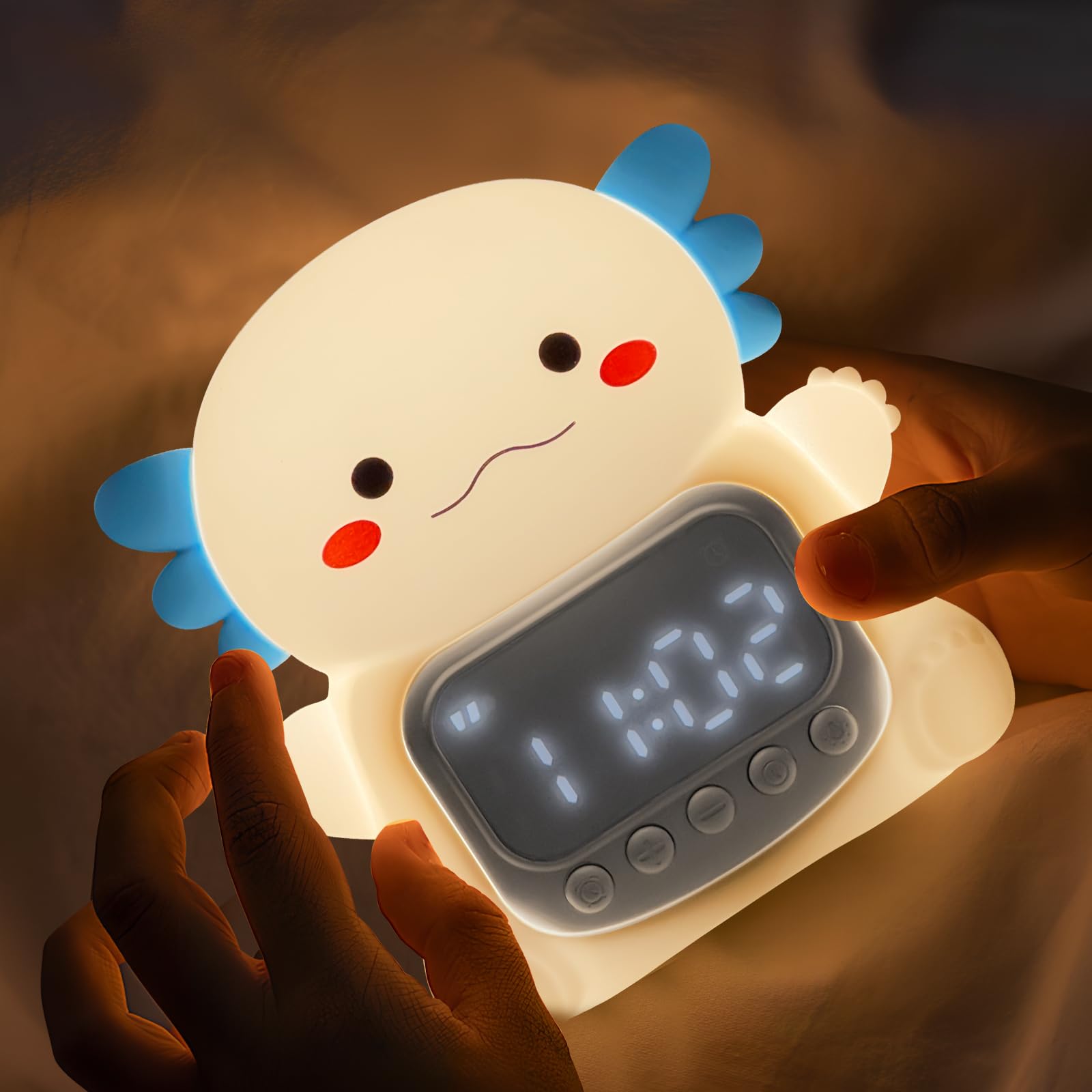 Axolotl Alarm Clock with Night Light for Kids, Rechargeable Silicone Lamp Time to Wake Clock Cute Animal Tabletop Lamp, Perfect Sleep Companion for Boys Girls, White