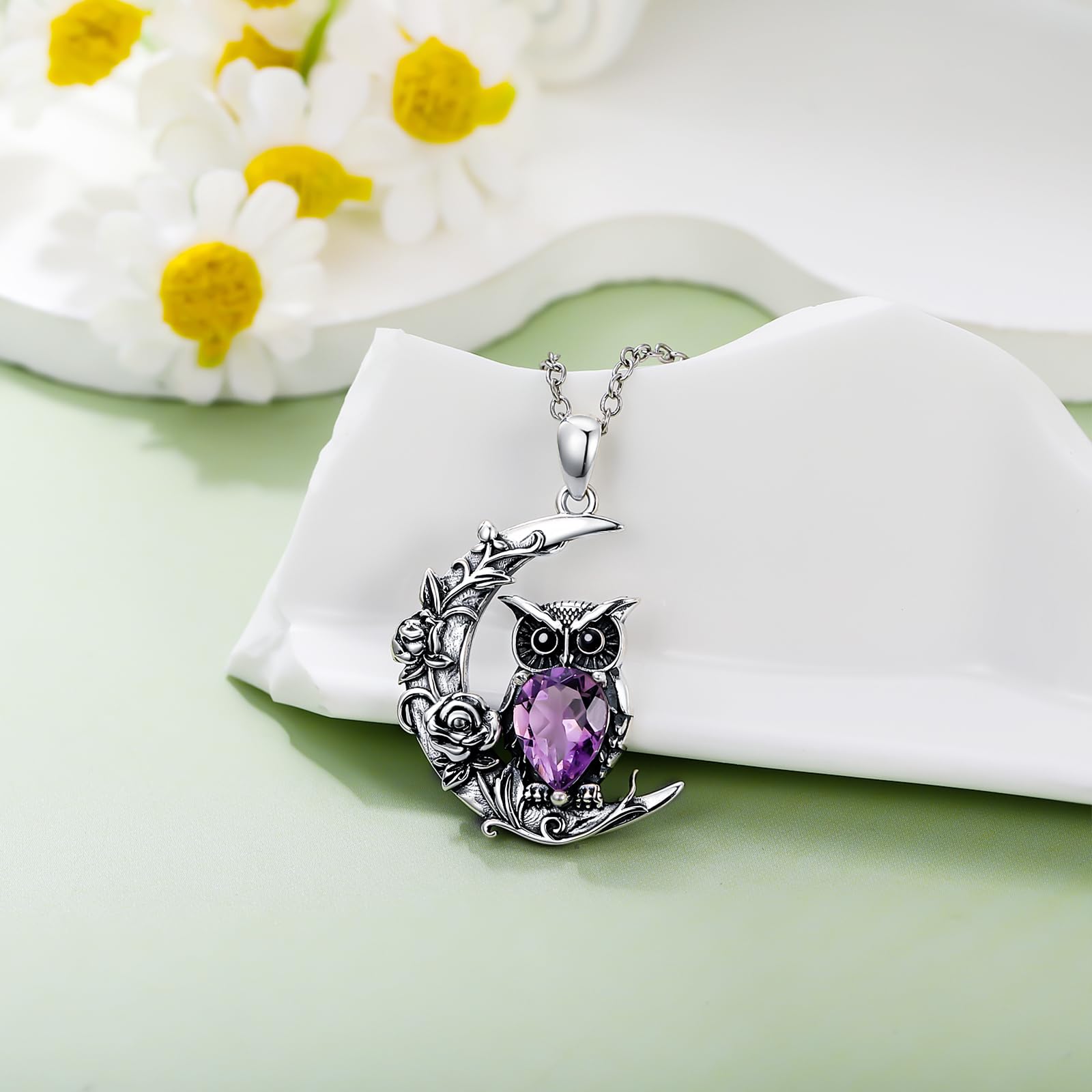 AXELUNA Amethyst Eule Halskette für Frauen 925 Sterling Silber Halbmond Eule Rose Halskette Schmuck Geschenke für Mutter Ehefrau